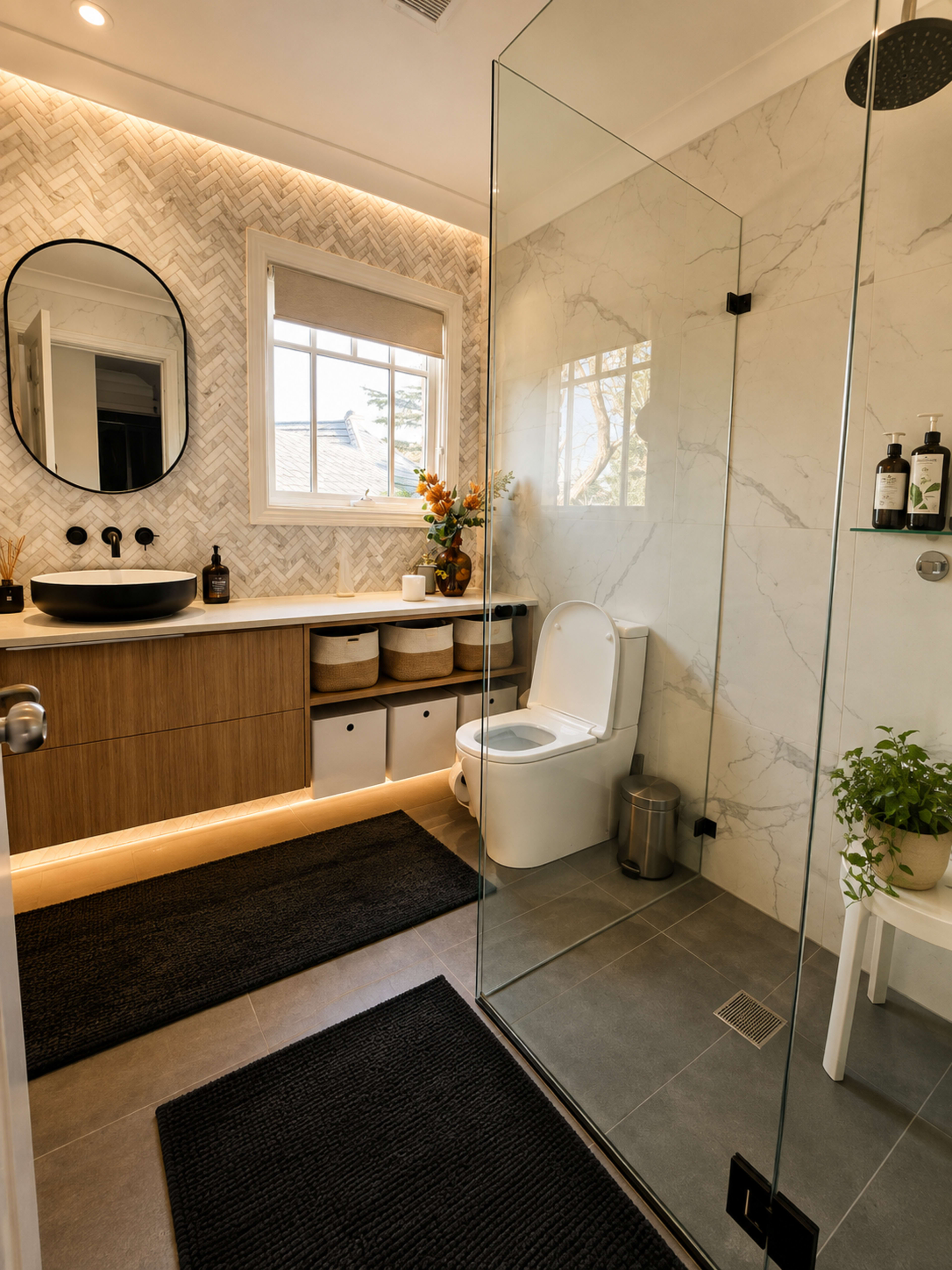 A modern bathroom features a glass shower, wooden cabinetry, a sleek toilet, and decorative elements such as plants and bottles on the counter.
