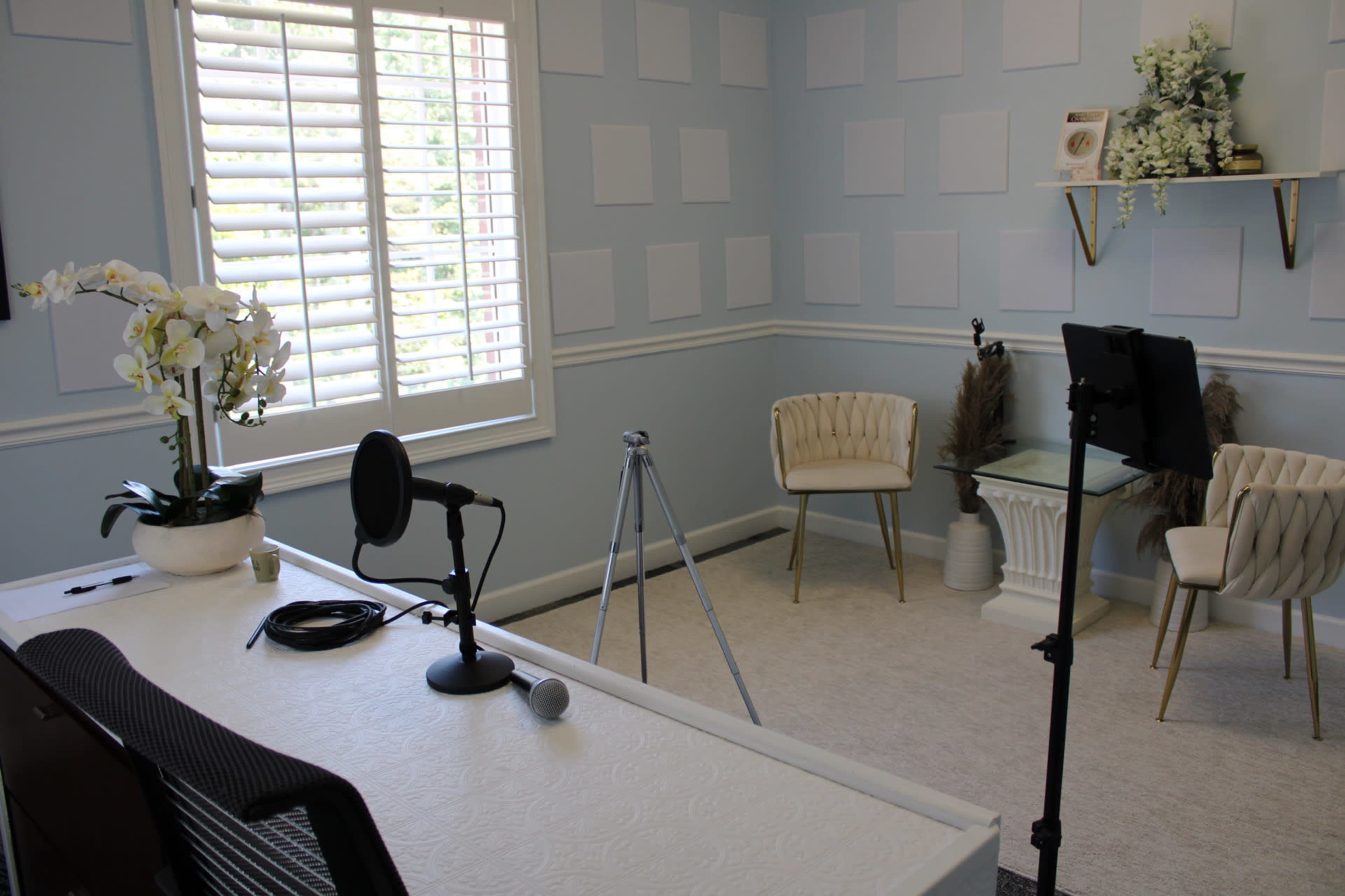 A light blue room features a desk with a microphone, a tripod, and two elegant chairs positioned around a decorative plant.