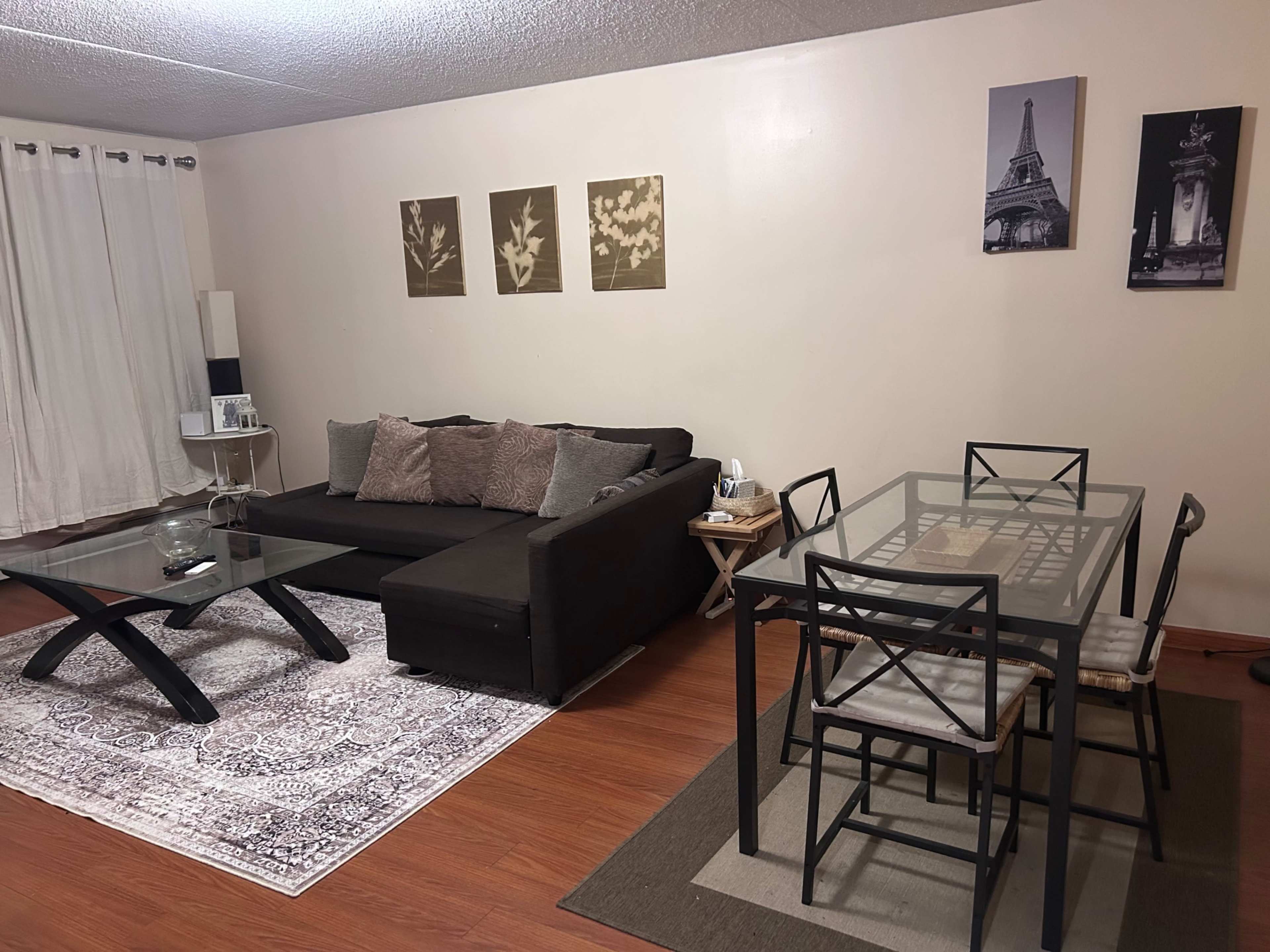 The living area features a black sectional sofa with decorative pillows, a glass coffee table, and a dining table with six chairs, all set on a patterned area rug.