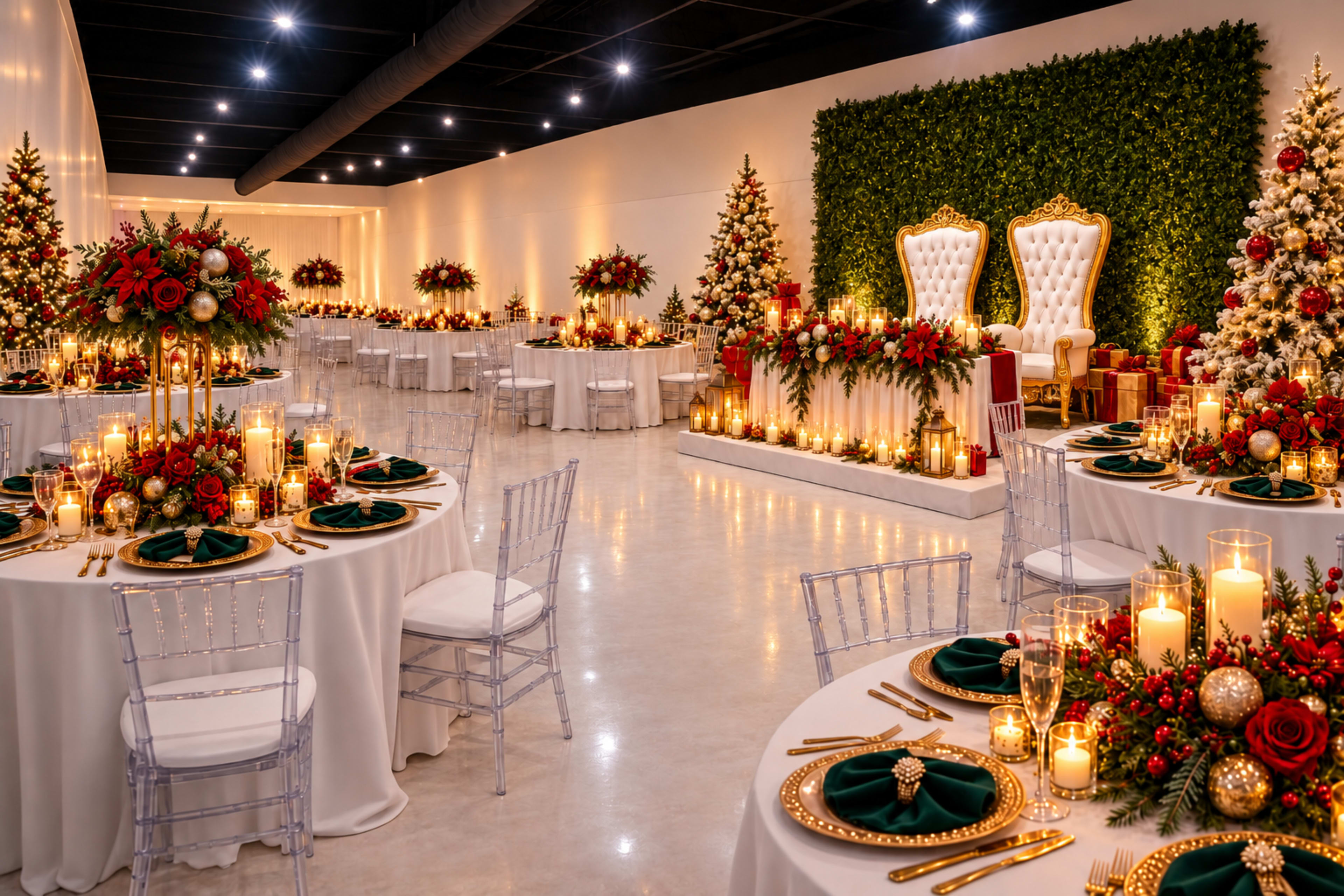 The scene features an elegantly decorated banquet hall with round tables adorned with green and gold table settings, surrounded by Christmas trees and floral arrangements, illuminated by soft candlelight.