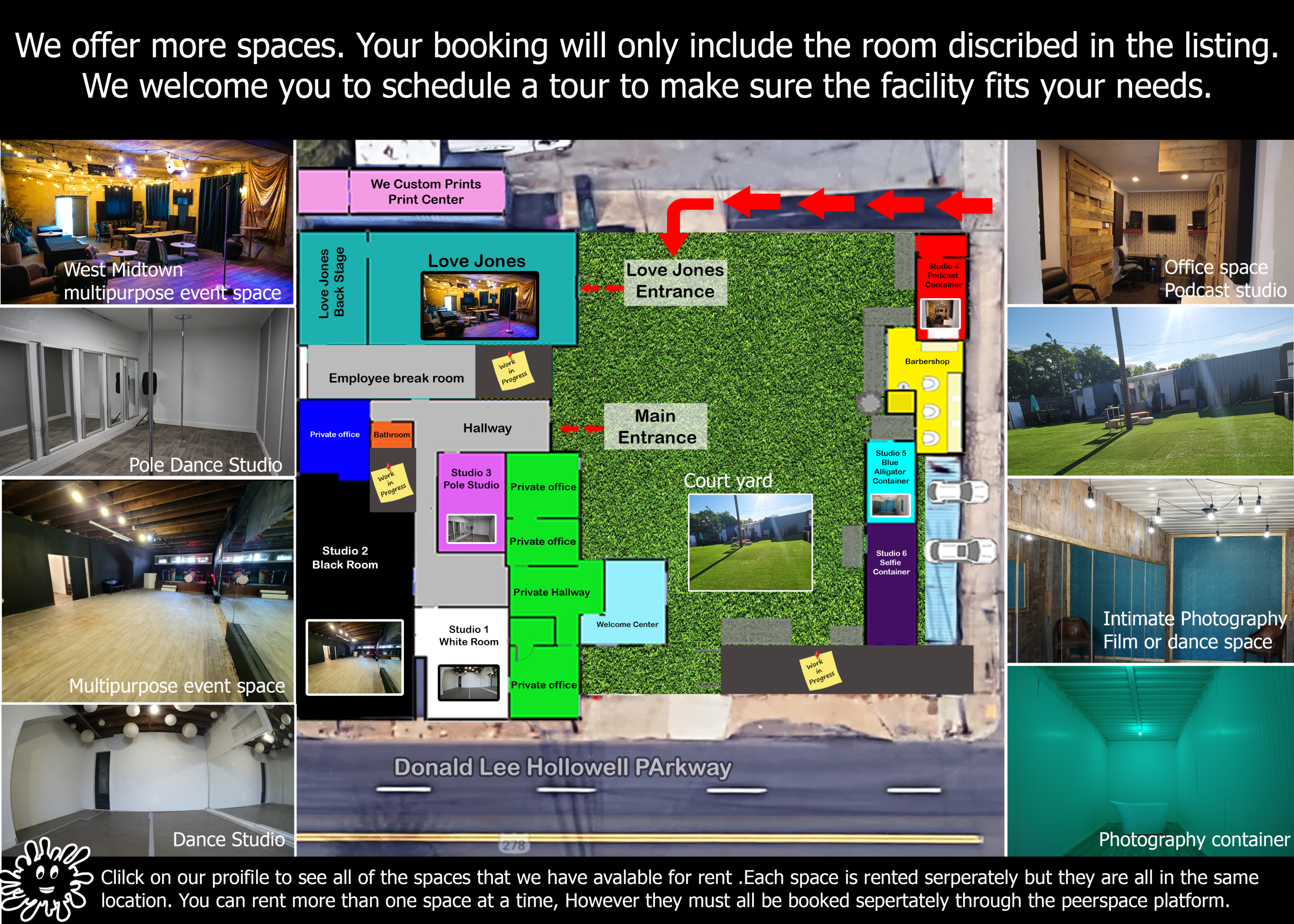 The image shows a layout of a facility with labeled spaces for various events, including a multipurpose event space, dance studio, and photography area.