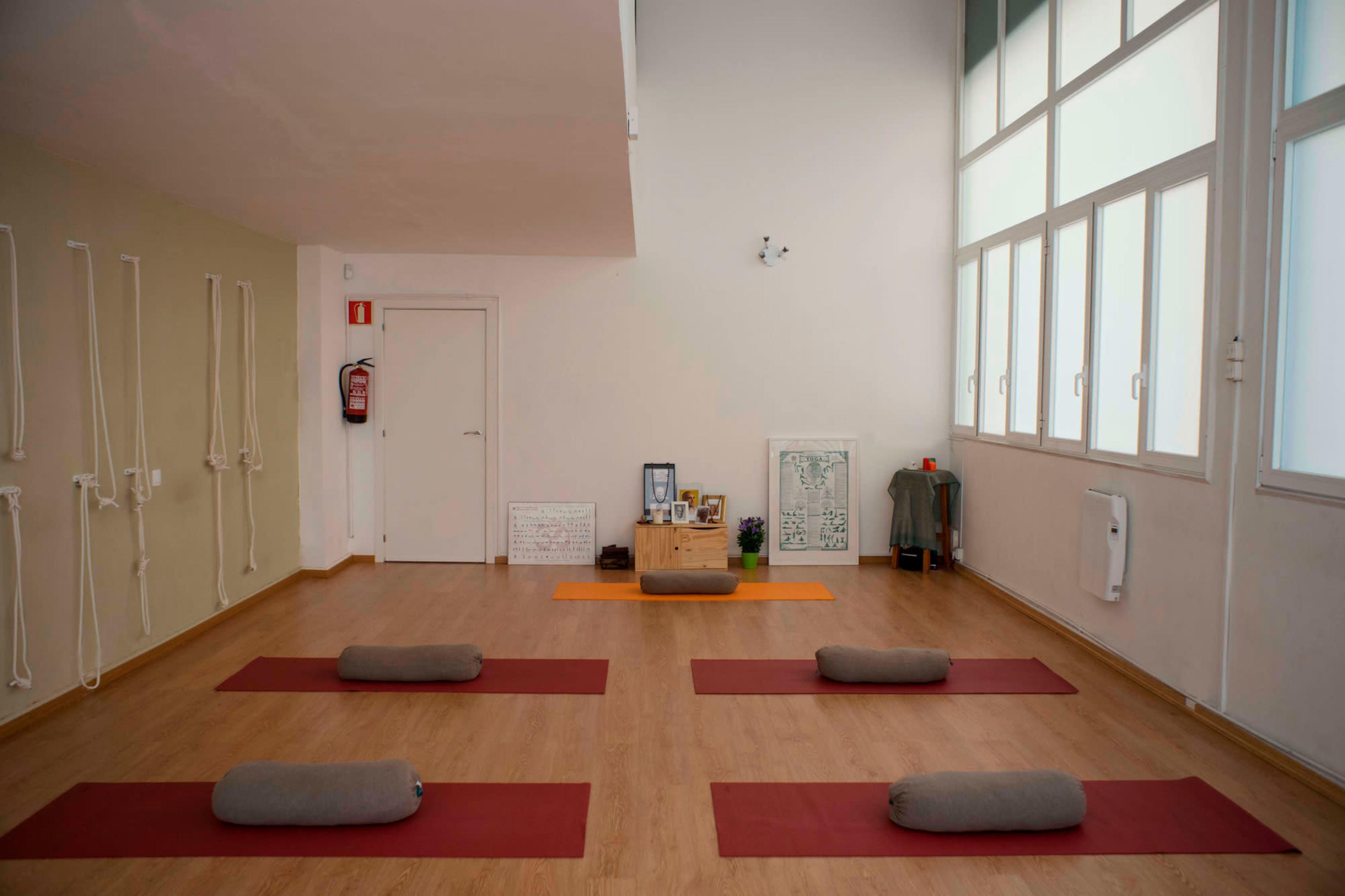 A yoga studio with several yoga mats and cushions arranged on a wooden floor, alongside a wall with ropes and a small altar set against the backdrop of large windows.