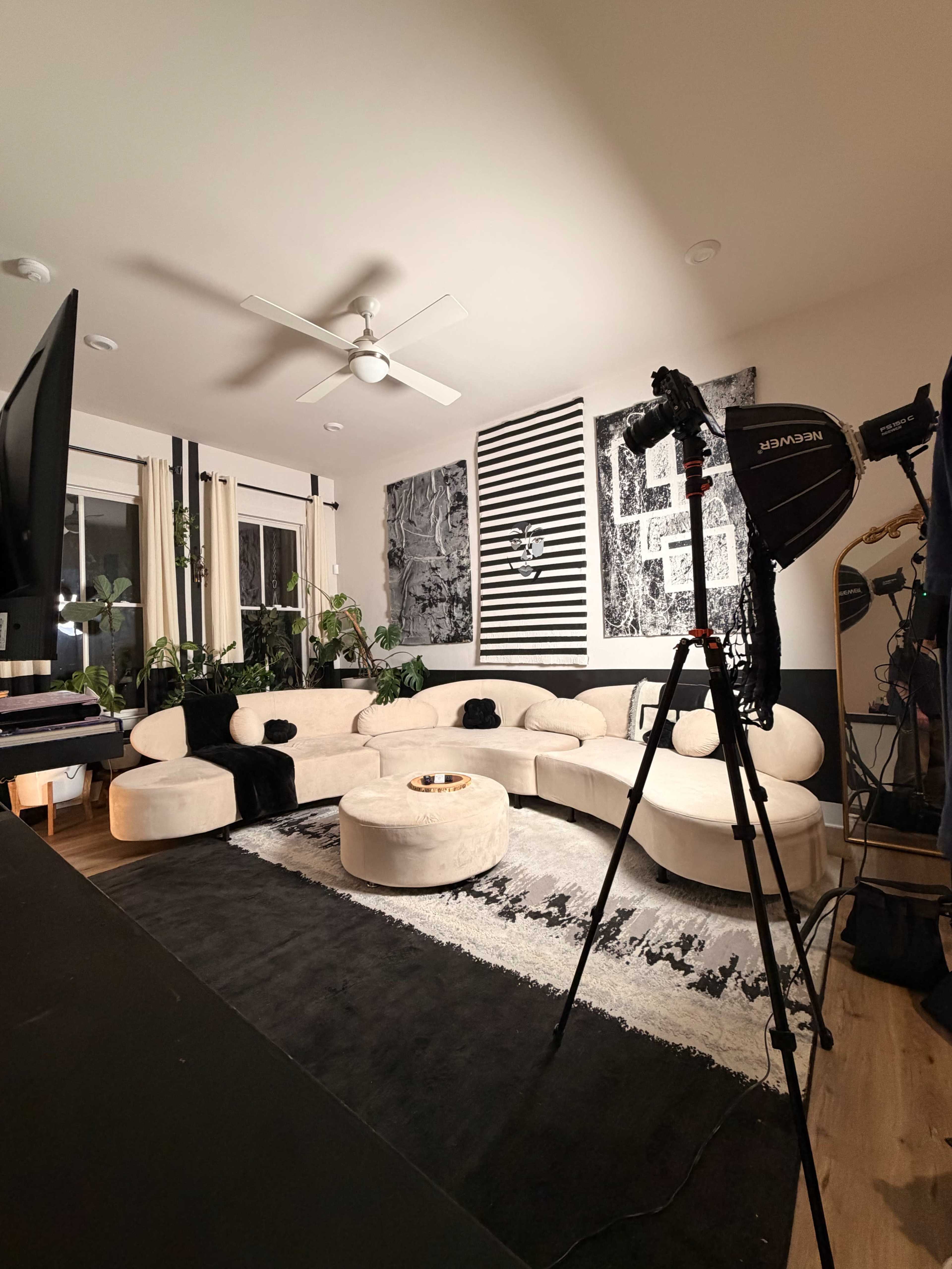 The image shows a modern living room with a large curved sofa, a black and white rug, houseplants, and photography equipment set up in the corner.