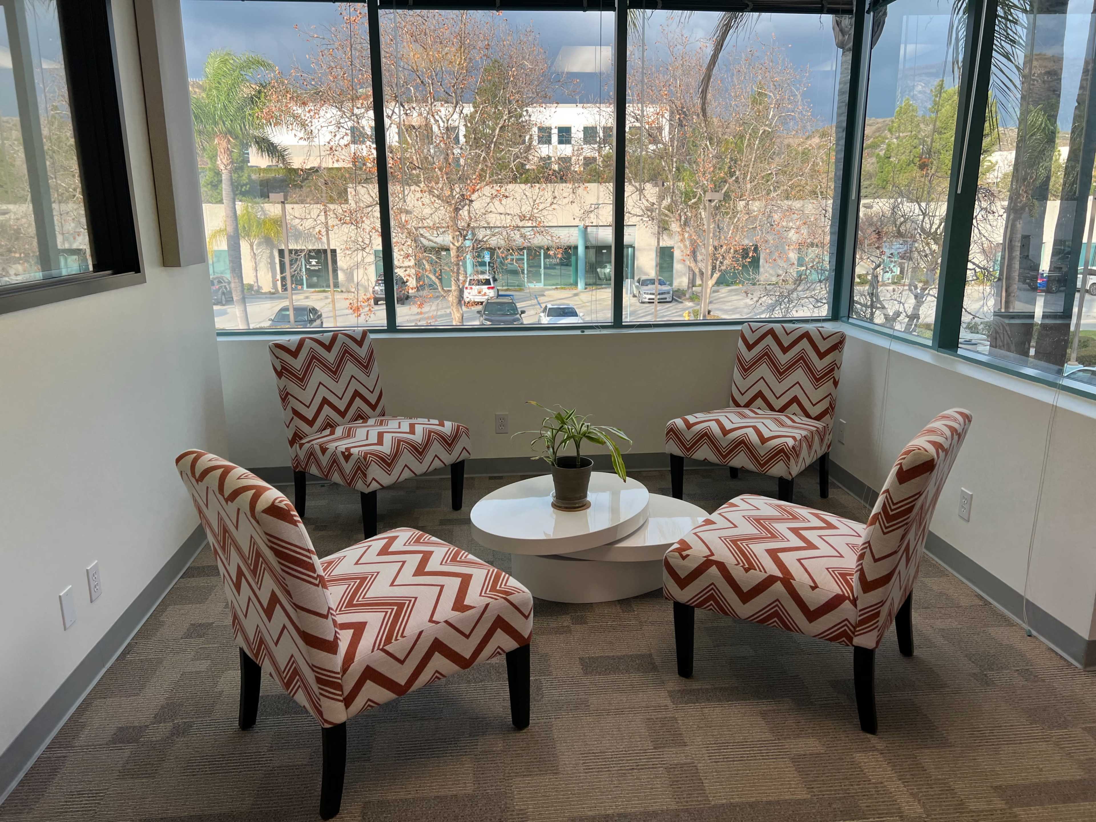 A small seating area features four patterned chairs arranged around a round coffee table, with a potted plant placed in the center.