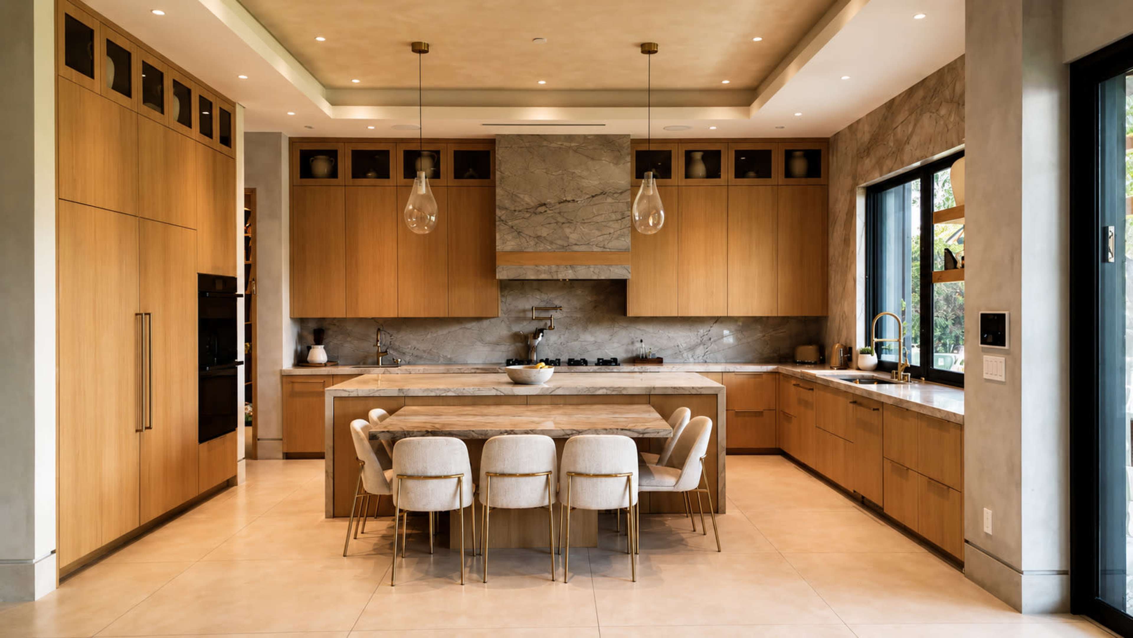 A modern kitchen features wood cabinetry, a central island with a marble countertop, and a dining table with plush chairs.
