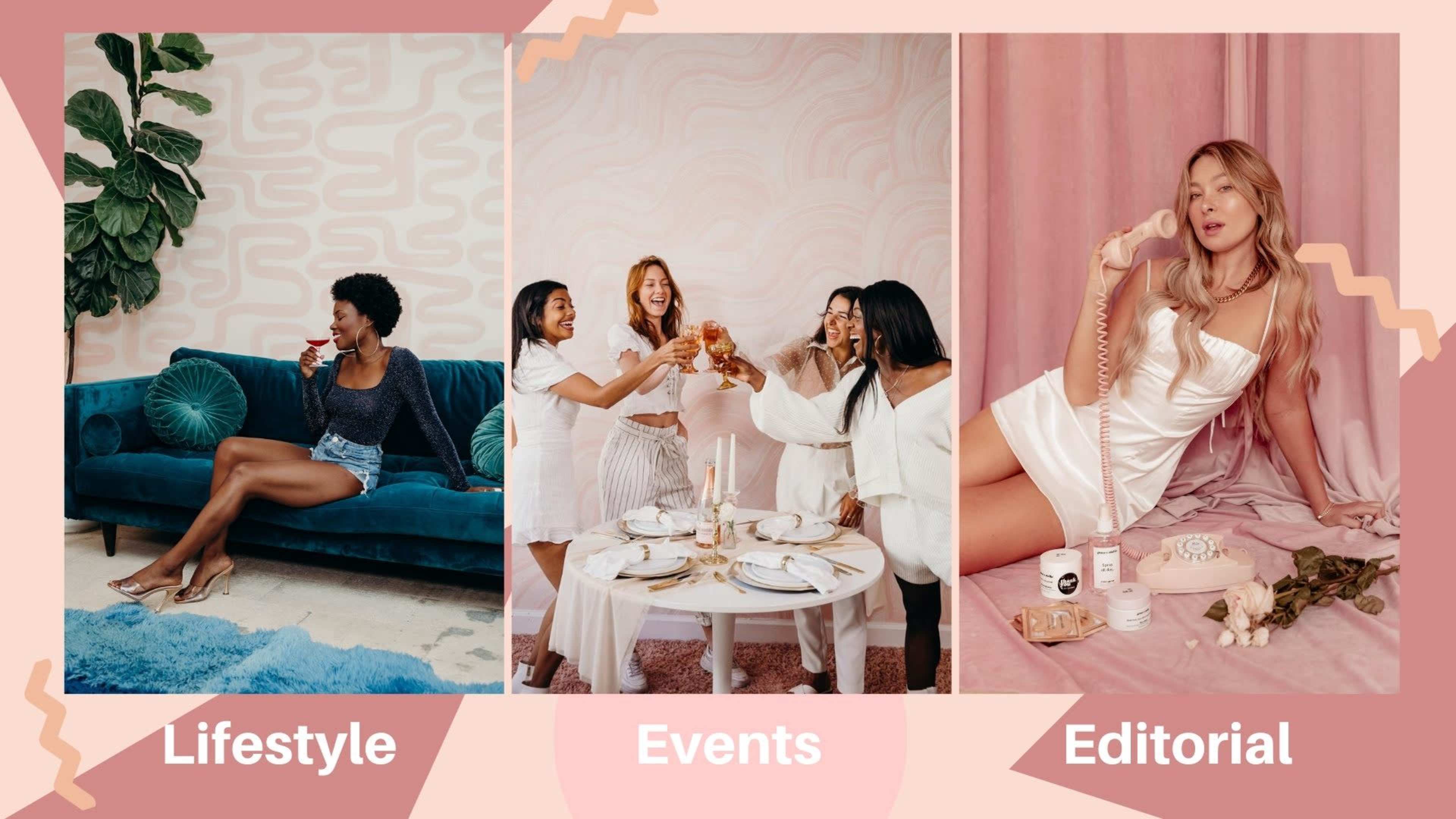 Three distinct sections labeled "Lifestyle," "Events," and "Editorial," featuring a woman lounging on a couch, a group toasting with drinks, and a woman posing with a phone, respectively.
