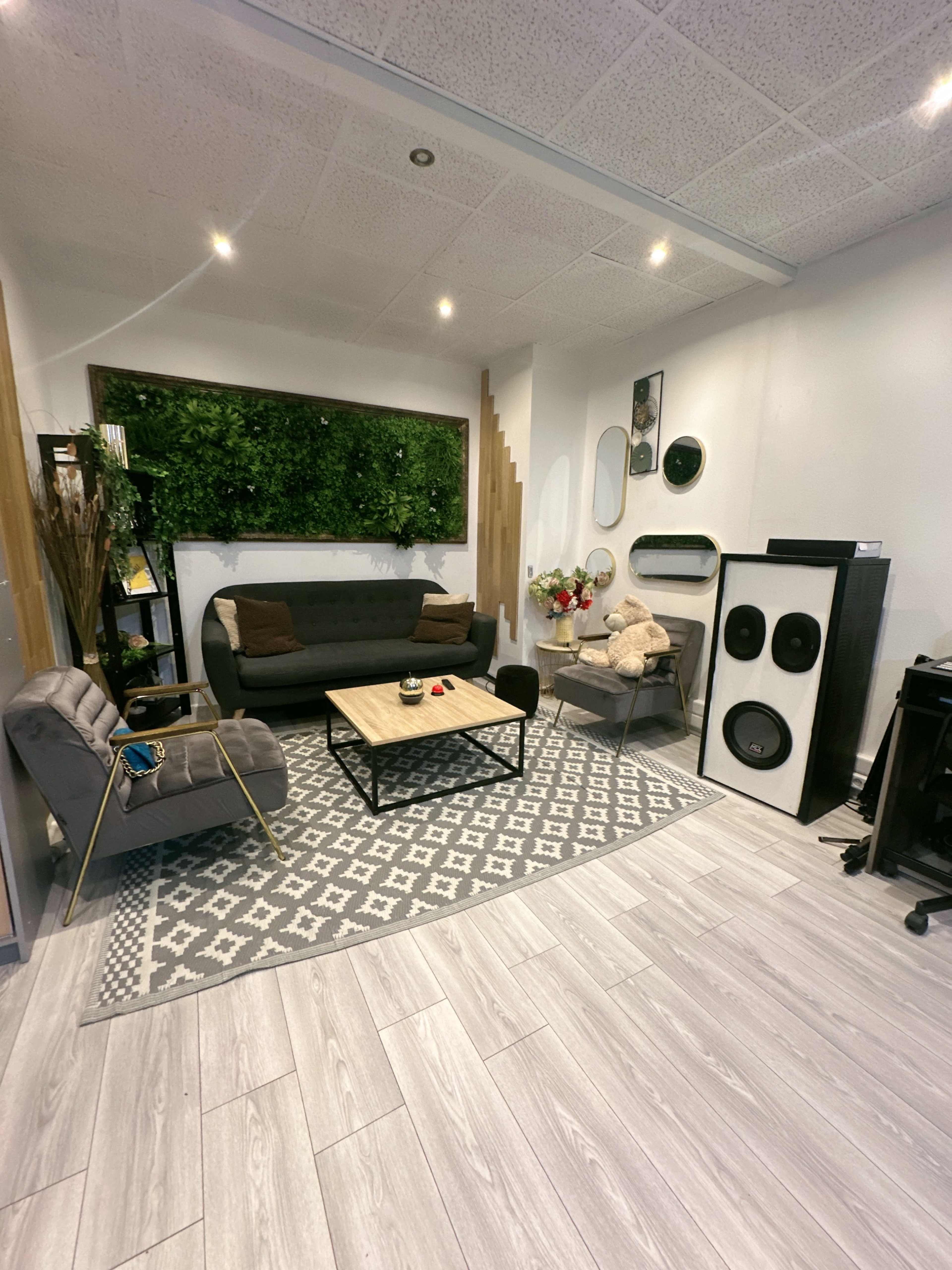 A modern, minimalist living room with a gray sofa, a coffee table, decorative plants on the wall, and a large speaker setup.