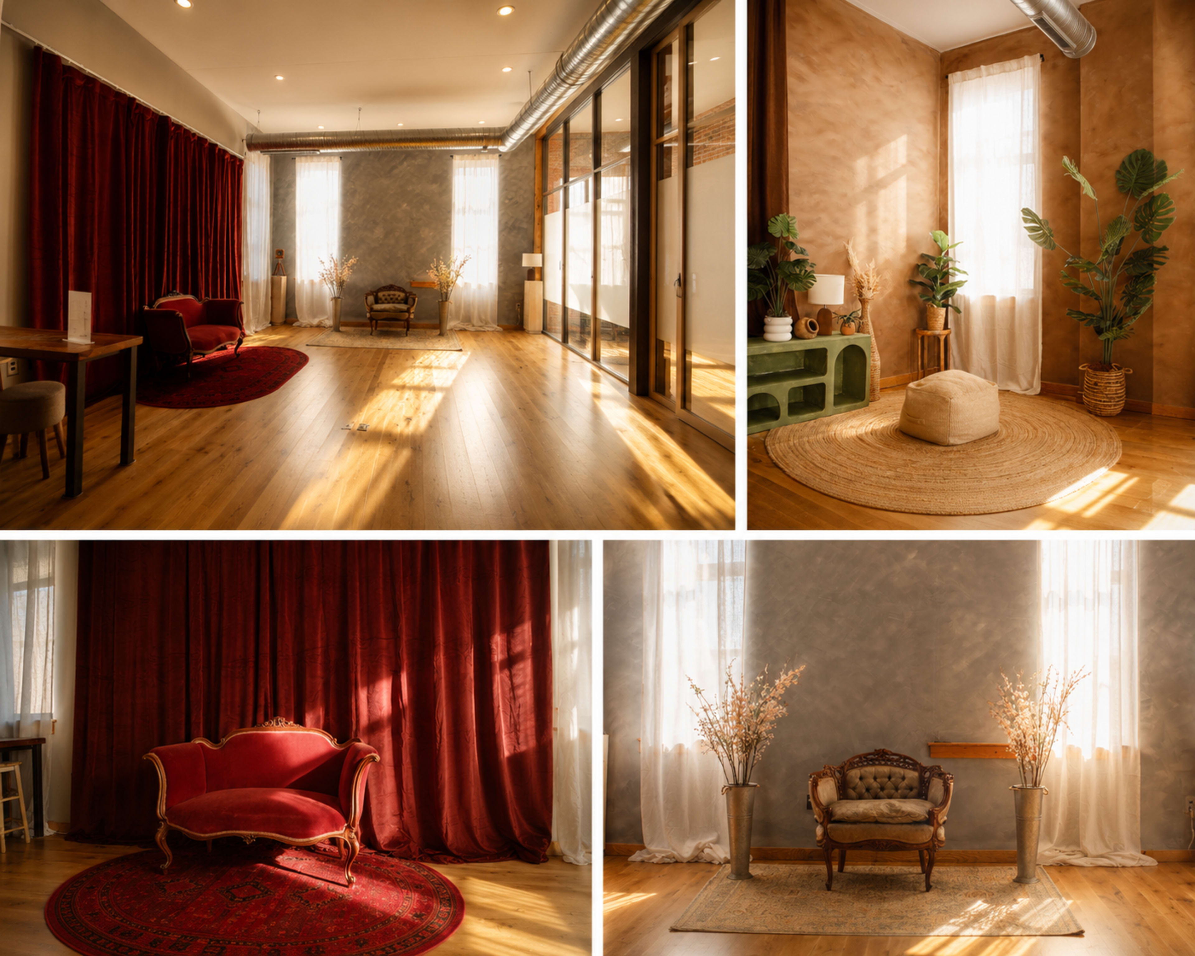 The image features a spacious, well-lit interior with wooden floors, large windows, and a mix of vintage and modern furniture items arranged in distinct seating areas, highlighted by warm sunlight.