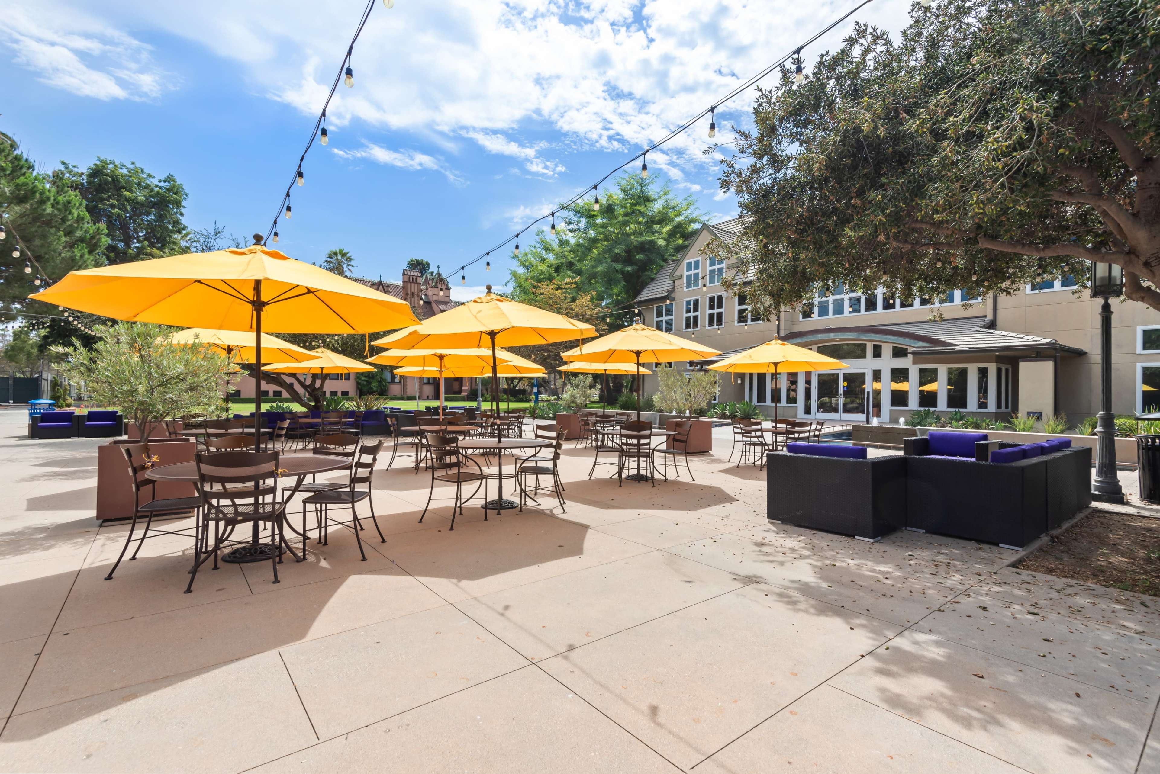 The image shows an outdoor seating area with several round tables and yellow umbrellas, surrounded by greenery and modern furniture.