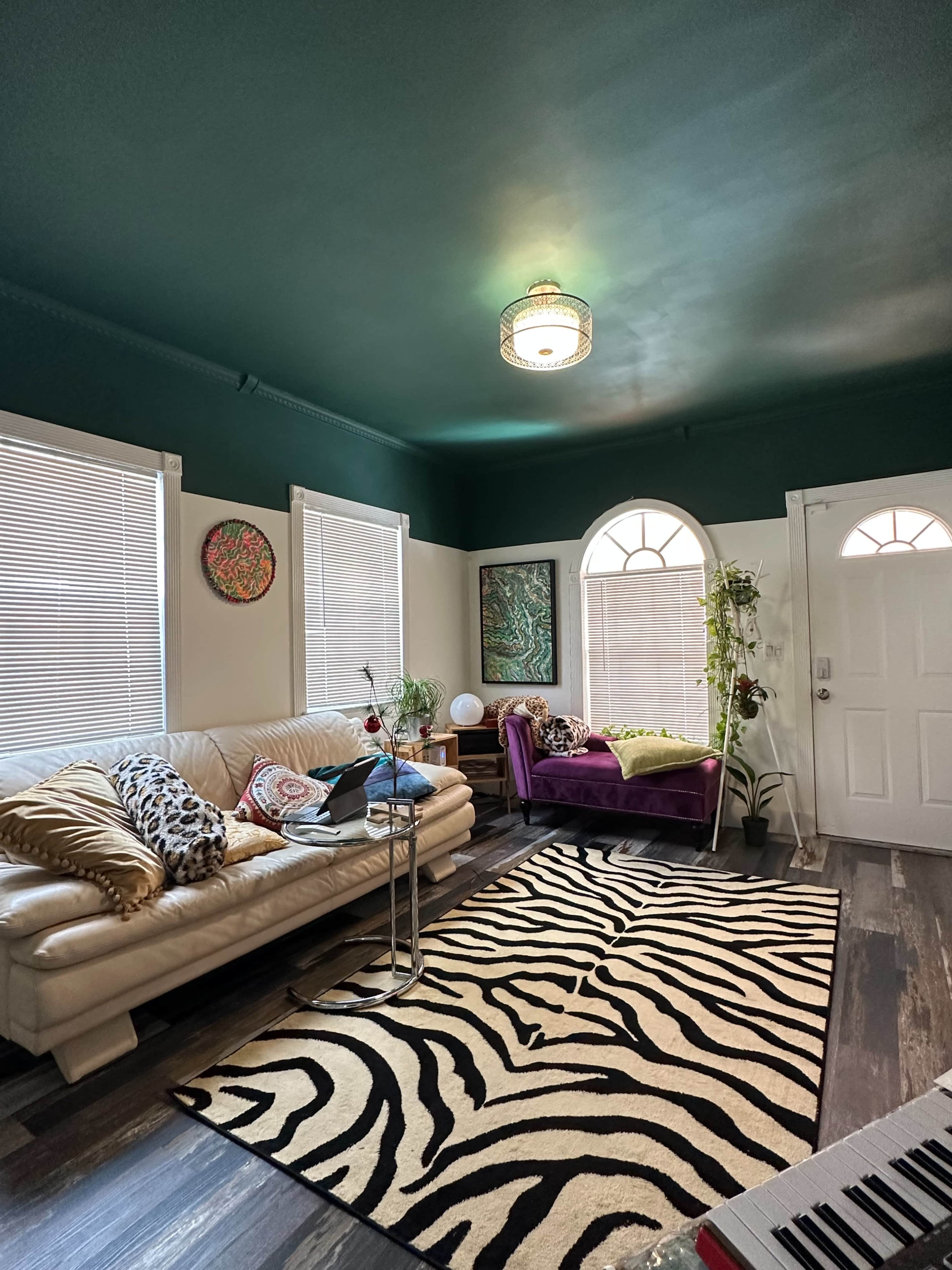 The image shows a cozy living room with a green ceiling, large windows covered by blinds, a white sofa, a purple chair, and a zebra-striped rug.
