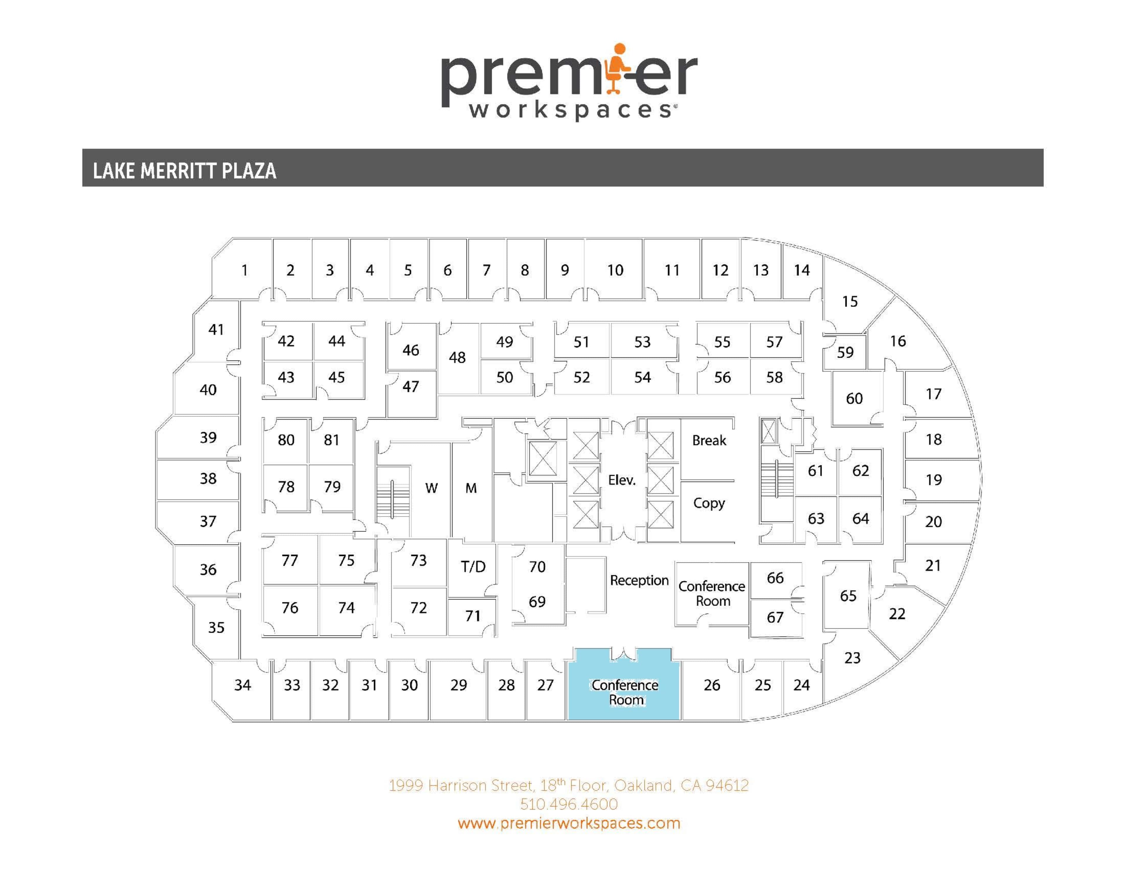The image is a floor plan for Premier Workspaces at Lake Merritt Plaza, outlining the layout of offices and common areas on a single floor.