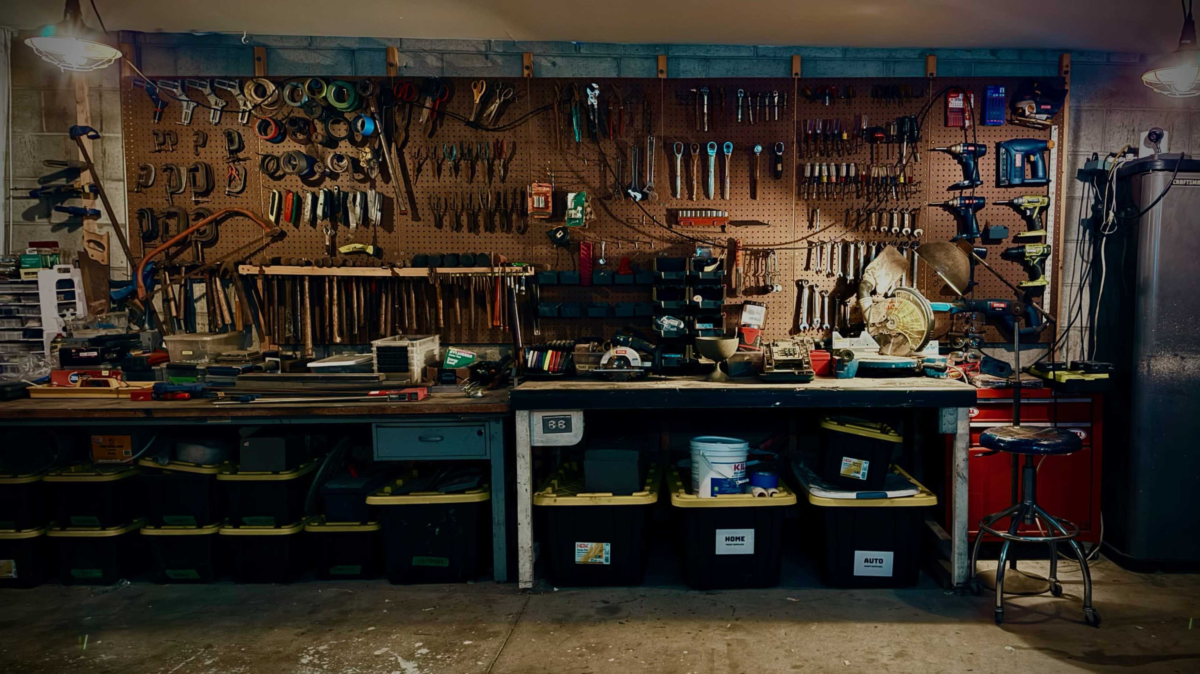 The image shows a well-organized garage workshop with an extensive array of tools hanging on a pegboard, and various storage bins and containers lined up on a workbench underneath.