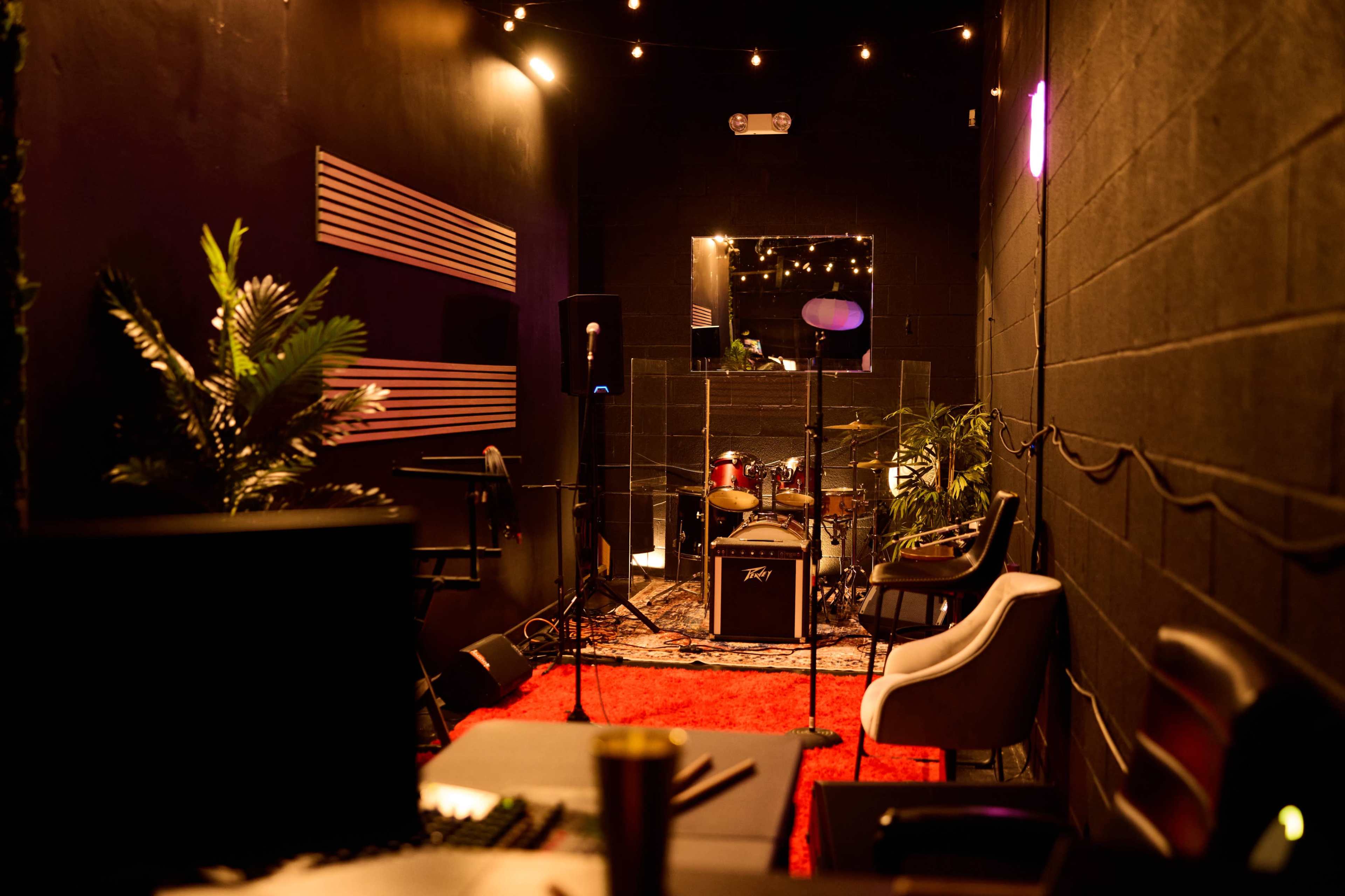 A music studio featuring a small stage with instruments, decorative plants, and seating arranged around a red carpet.