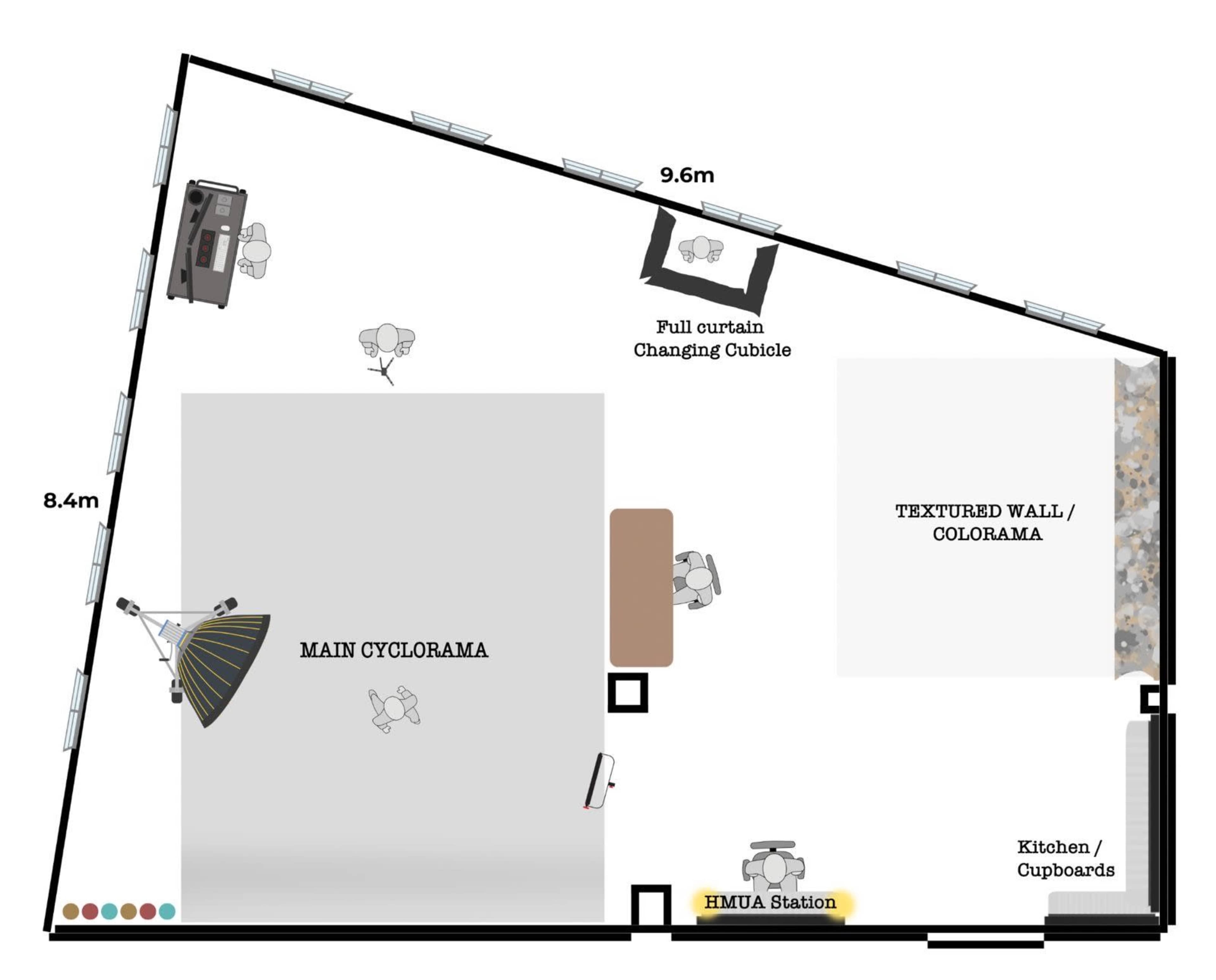 The image is a floor plan of a studio space featuring a main cyclorama area, a textured wall section, a changing cubicle, and a kitchen with cupboards.