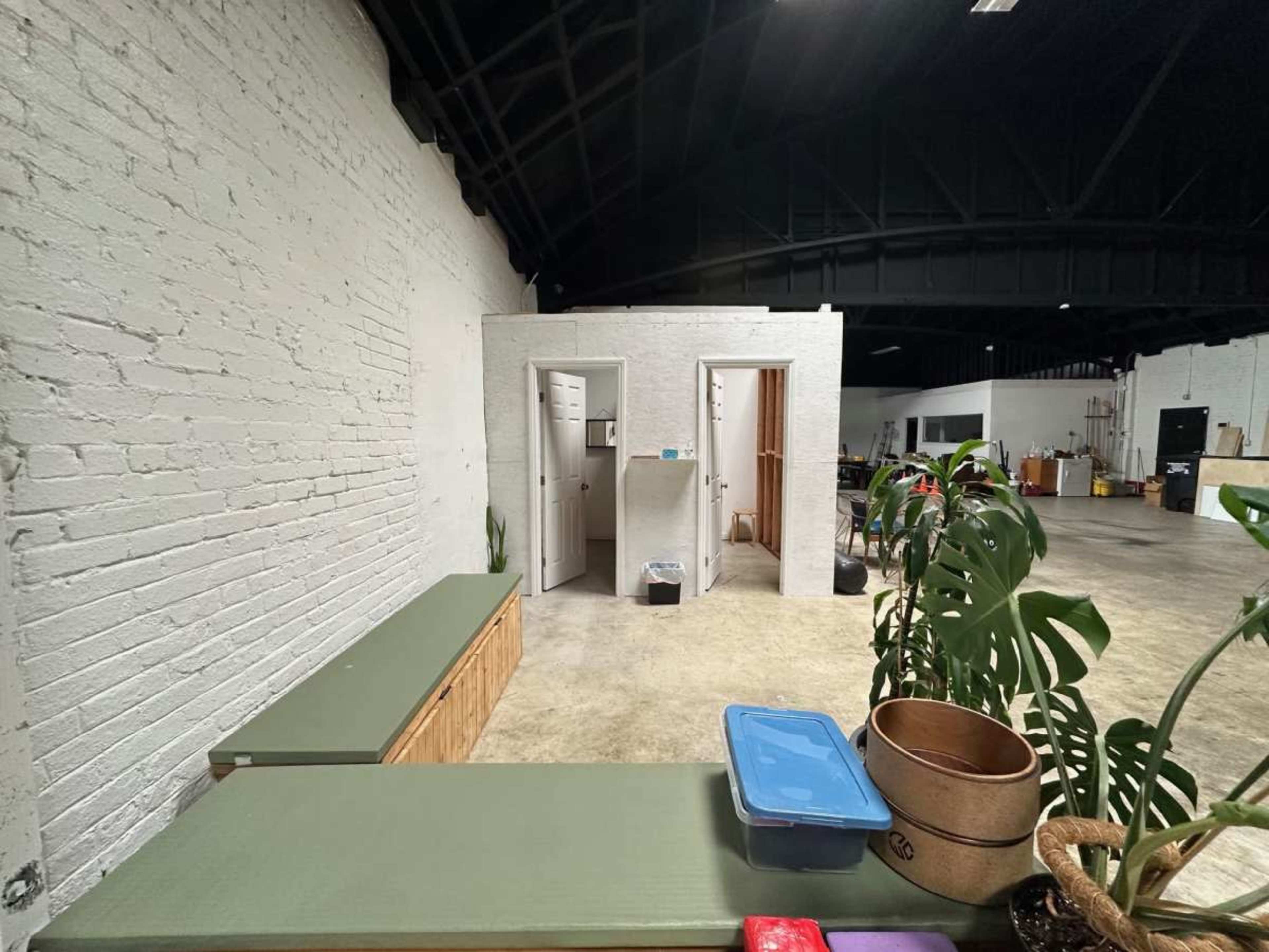The image shows a spacious interior with white brick walls, a green countertop, two doors leading to separate rooms, and various plants in the foreground.
