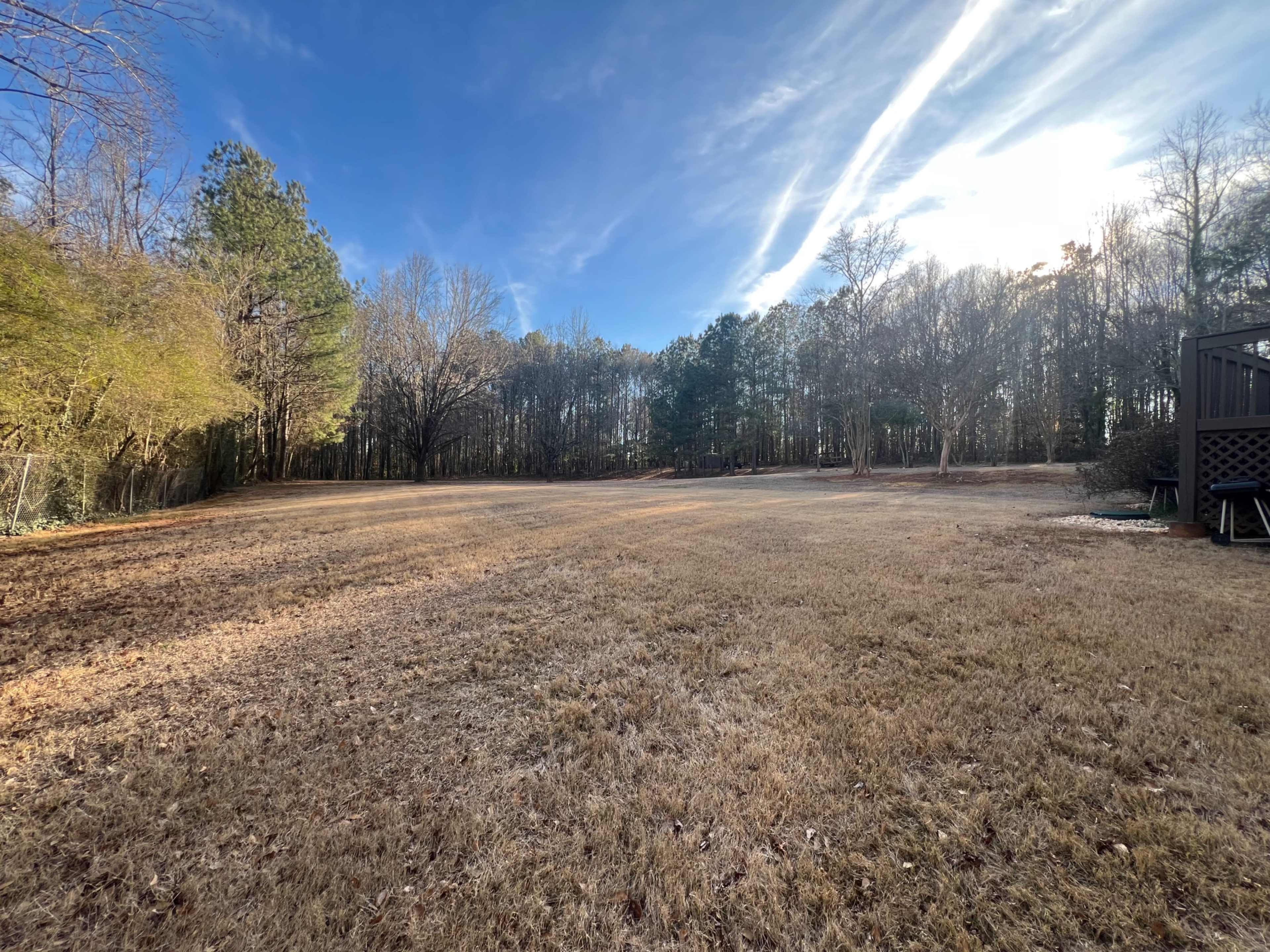 The image shows a wide, open field bordered by a line of trees under a blue sky with wispy clouds.