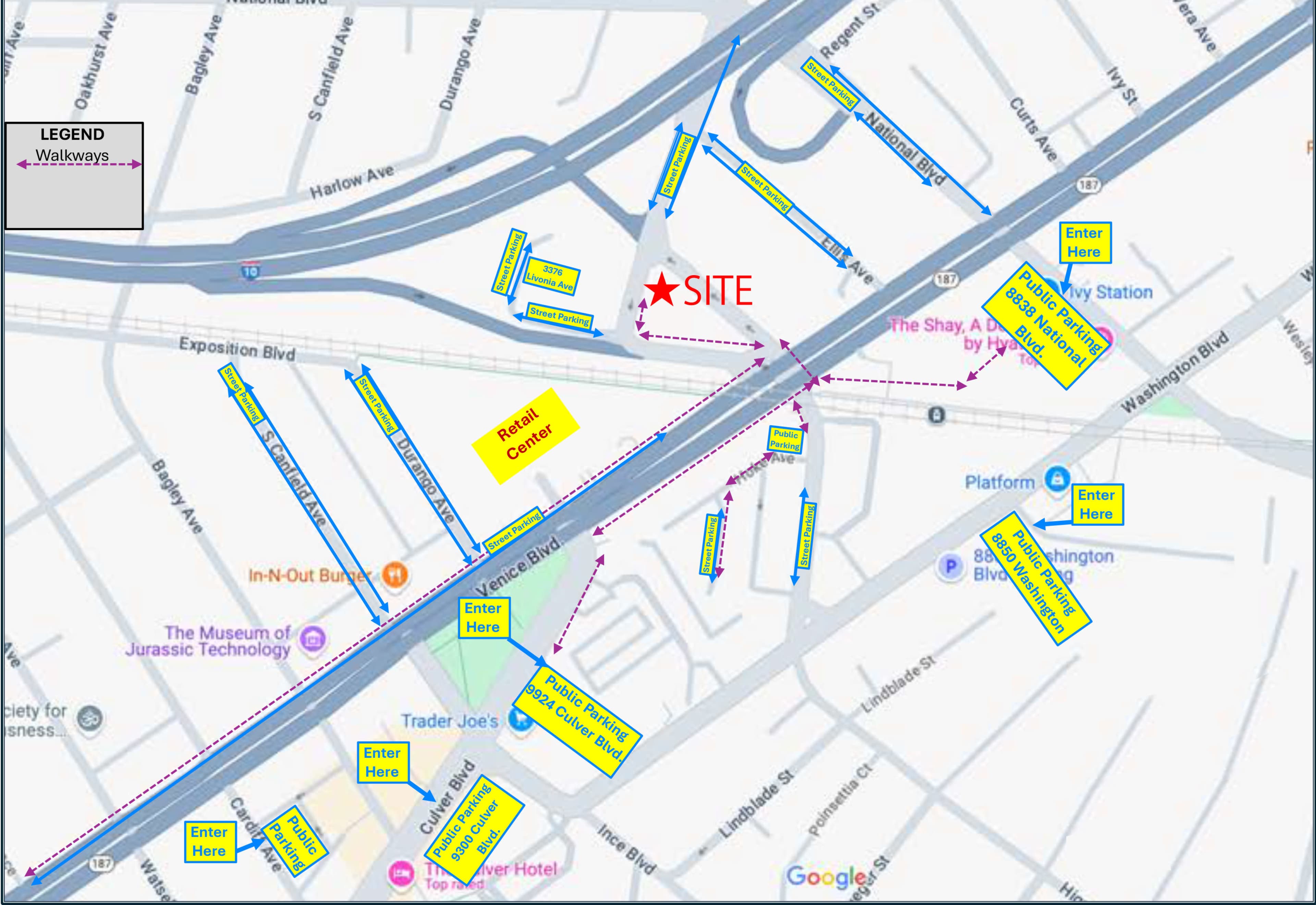 The map indicates the layout of a site along with entrance points, walkways, and nearby landmarks, including restaurants and transit stations.