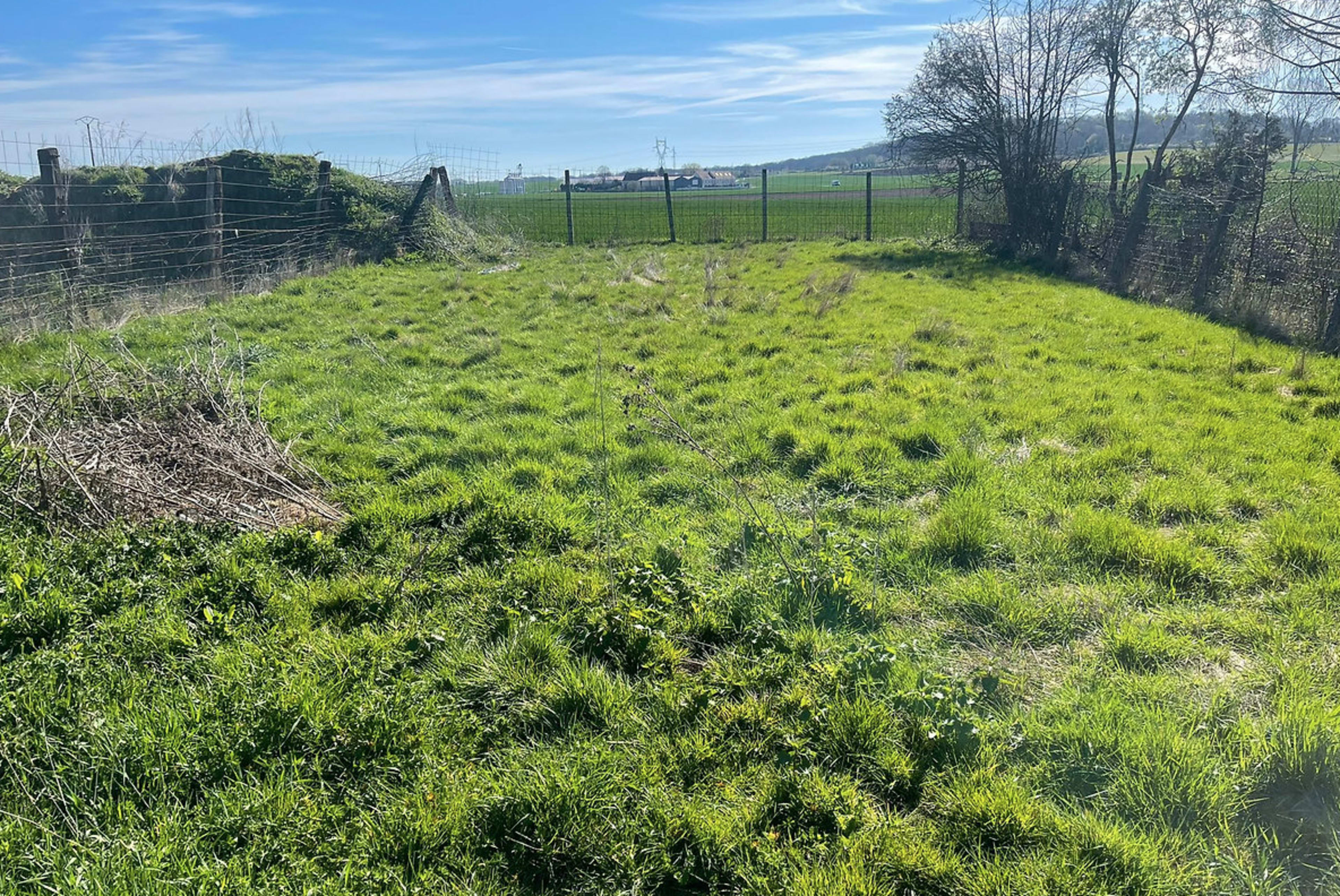 The image shows a grassy, overgrown patch of land surrounded by a wire fence and trees, with fields visible in the background under a clear blue sky.