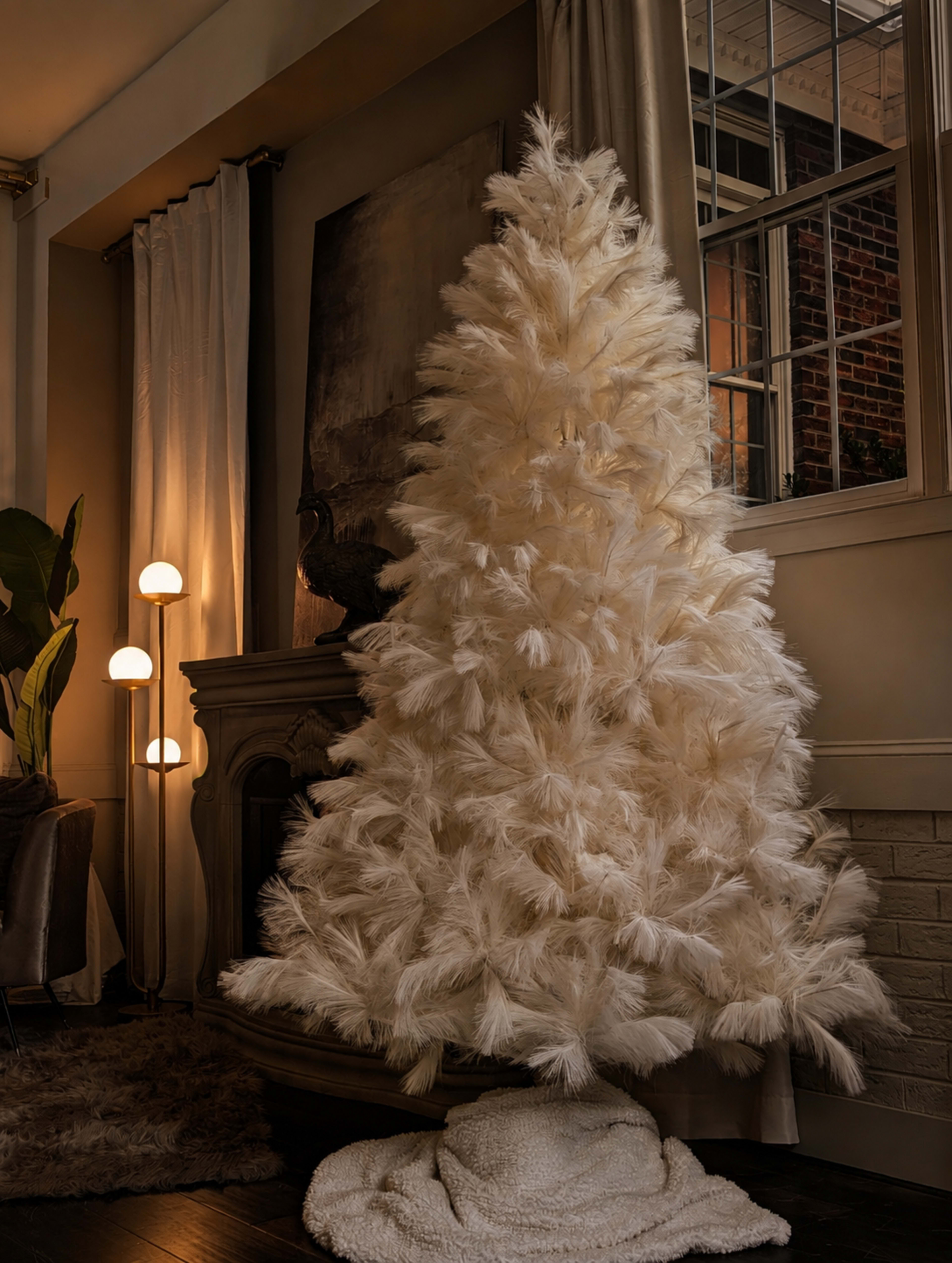 A white, feather-like artificial Christmas tree stands in a cozy room next to a window, with a floor lamp and decorative items in the background.