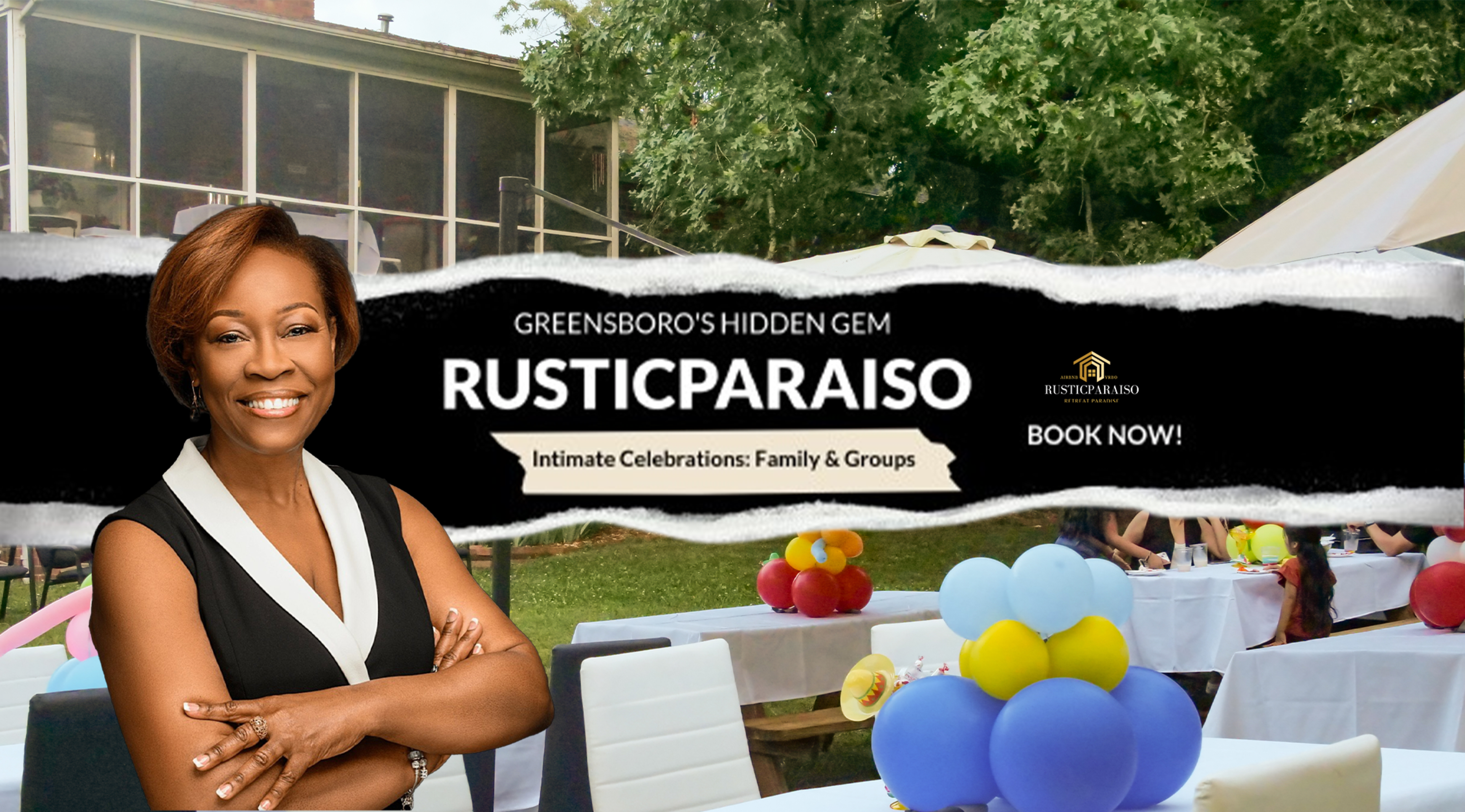 A woman smiling in front of a festive outdoor setting with tables decorated for a celebration, alongside a promotional banner for "Rustic Paraiso" in Greensboro.