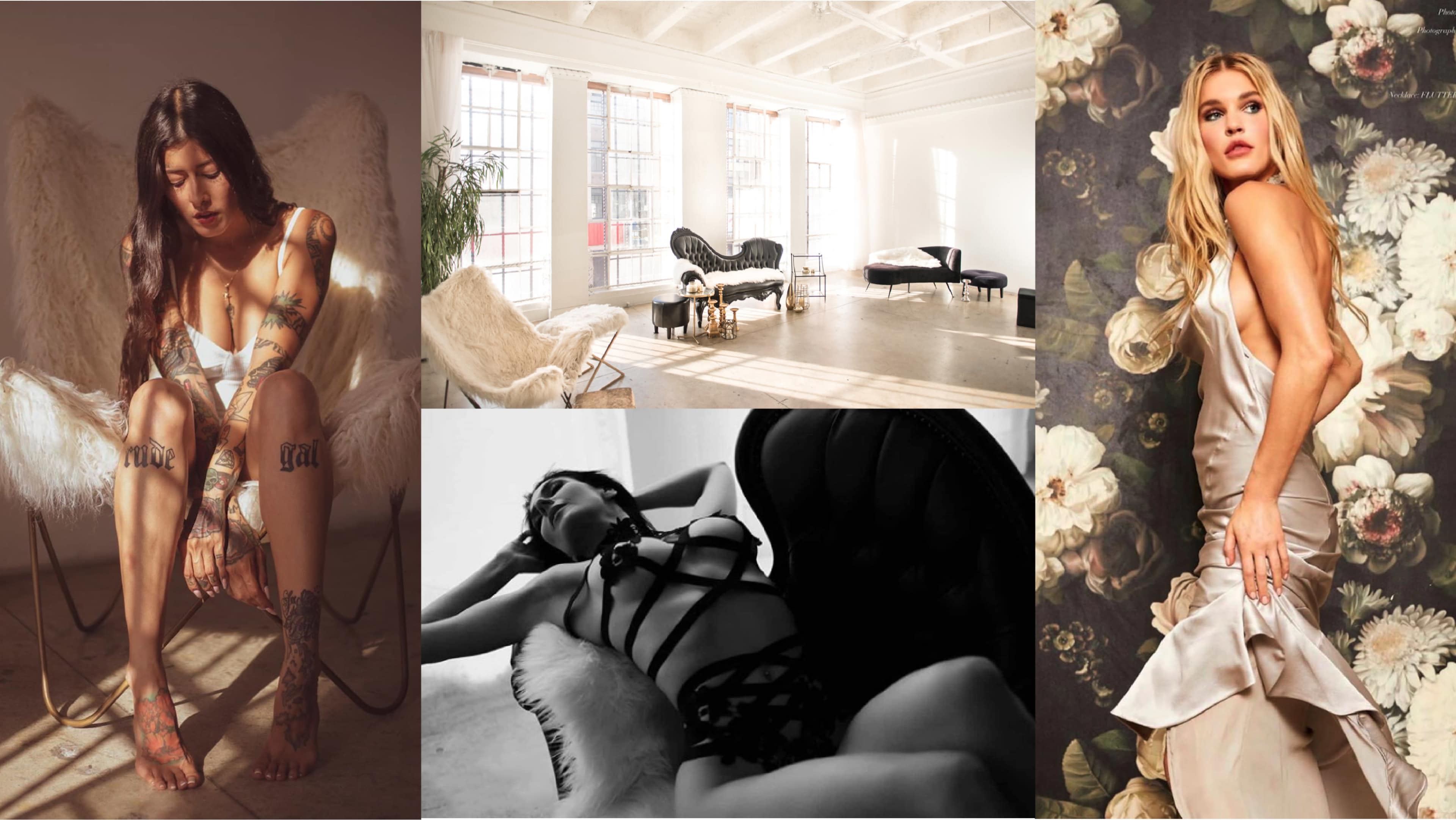 The image features a collage of four scenes, including a woman sitting on a chair in a minimally decorated room, a bright and airy studio with stylish furniture, a woman in lingerie posed on a chair, and another woman in a satin dress in front of a floral backdrop.