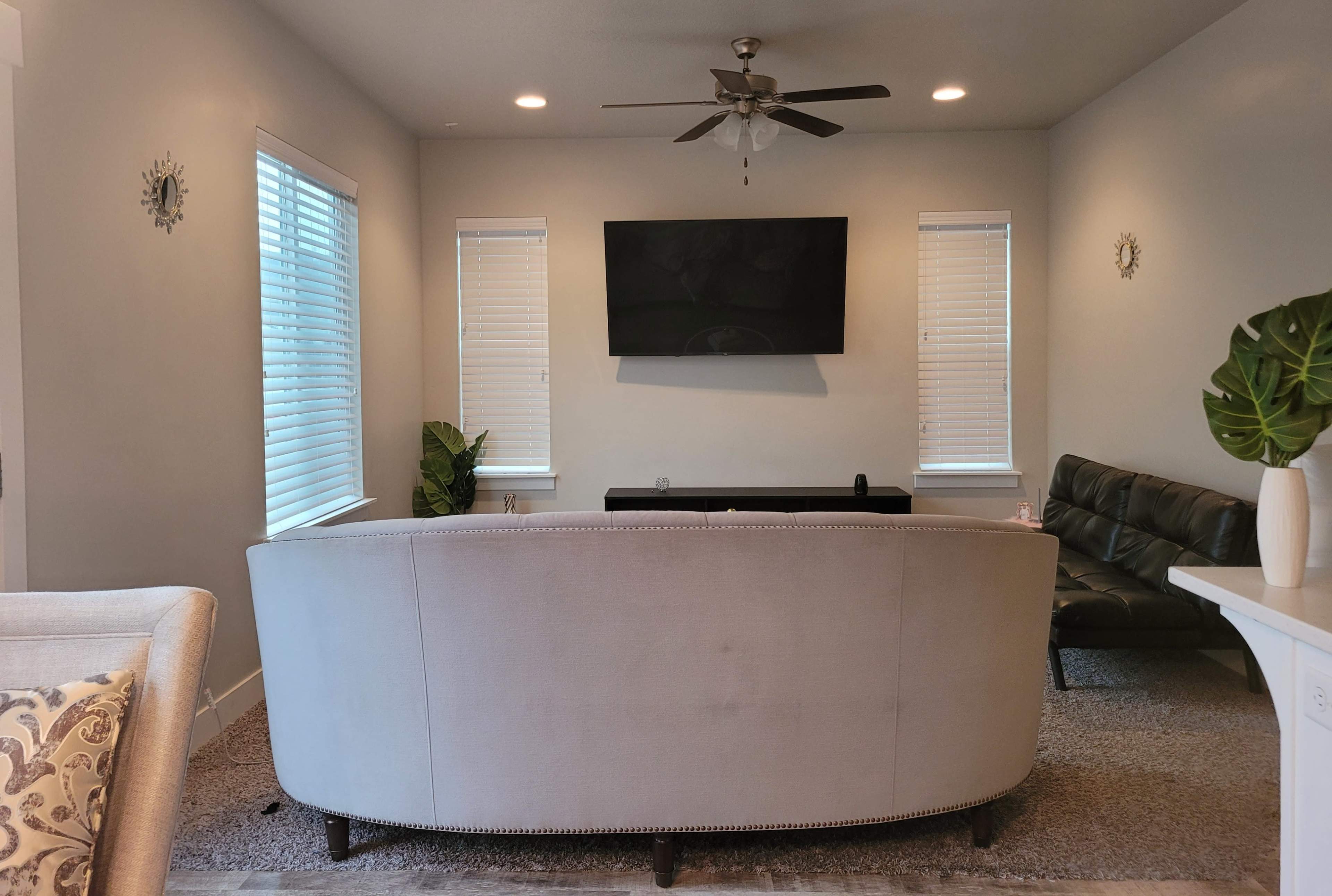 A living room with a curved sofa facing a wall-mounted television and two windows with blinds, accompanied by a plant and a black couch.