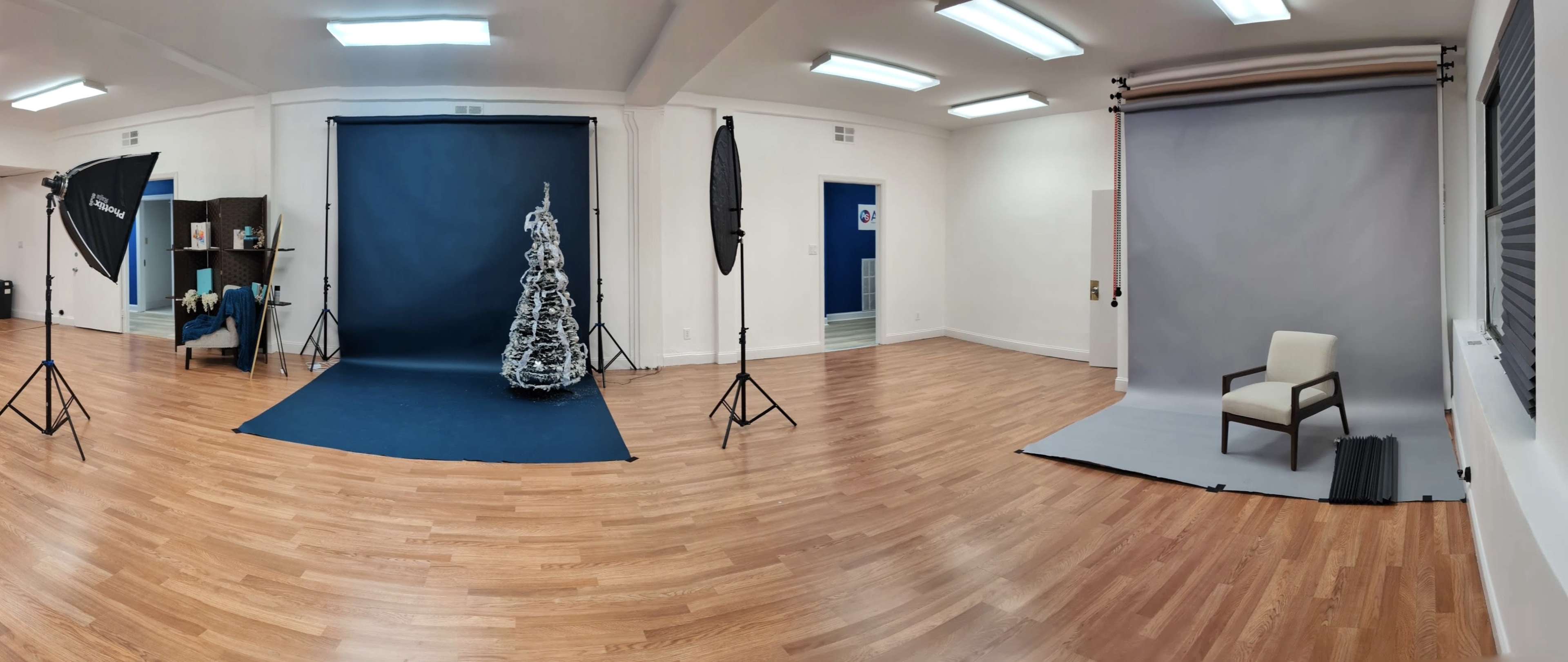 A spacious photography studio with a blue backdrop, a gray backdrop, various lighting equipment, and a decorative tree positioned in the center.