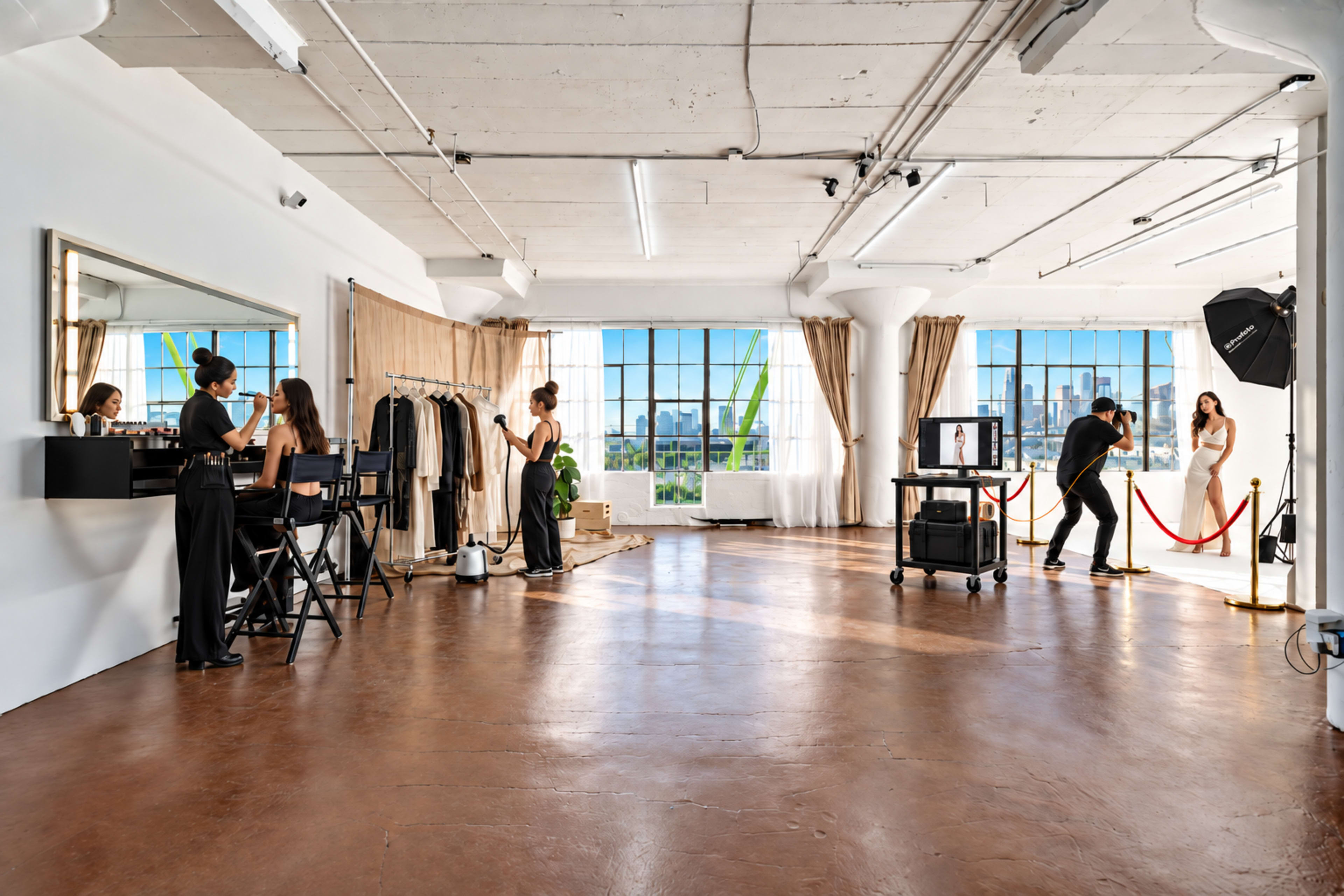A spacious studio with large windows features a model in a white dress being photographed, while stylists prepare garments and assist on the left side.