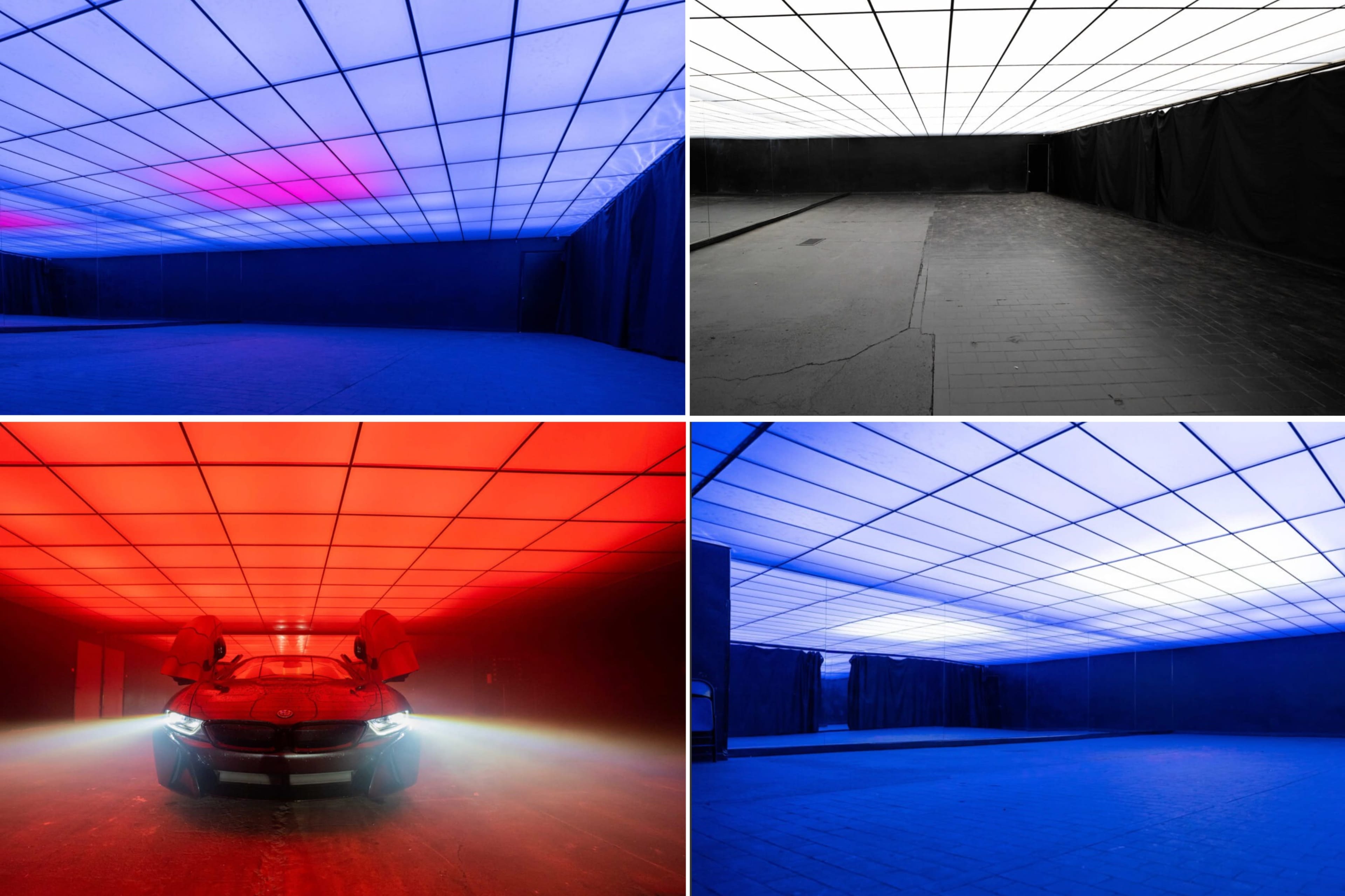 Four sections showing a large, dimly lit space with a car illuminated under various colored lights and a grid-patterned ceiling.