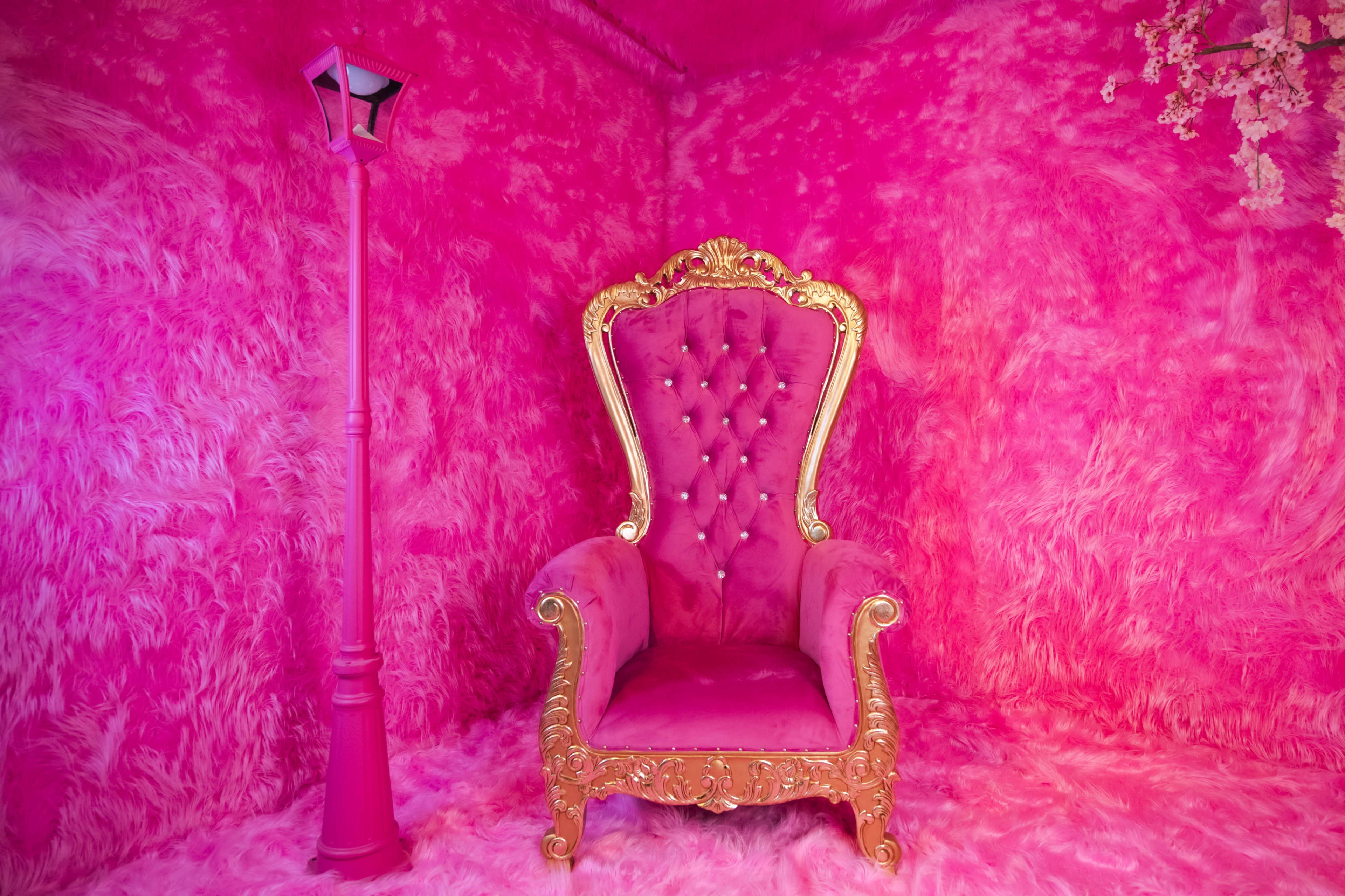 A luxurious golden throne with pink upholstery sits against a vibrant pink, fur-covered backdrop, complemented by a matching pink lamppost.
