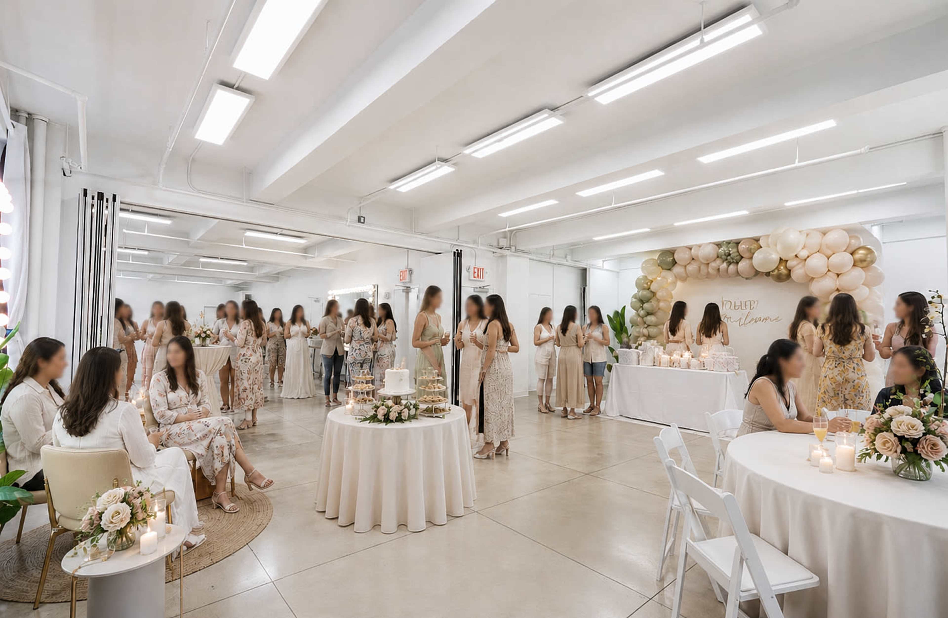 The image shows a decorated indoor event space with guests mingling, tables set with floral arrangements, and a backdrop with balloons.