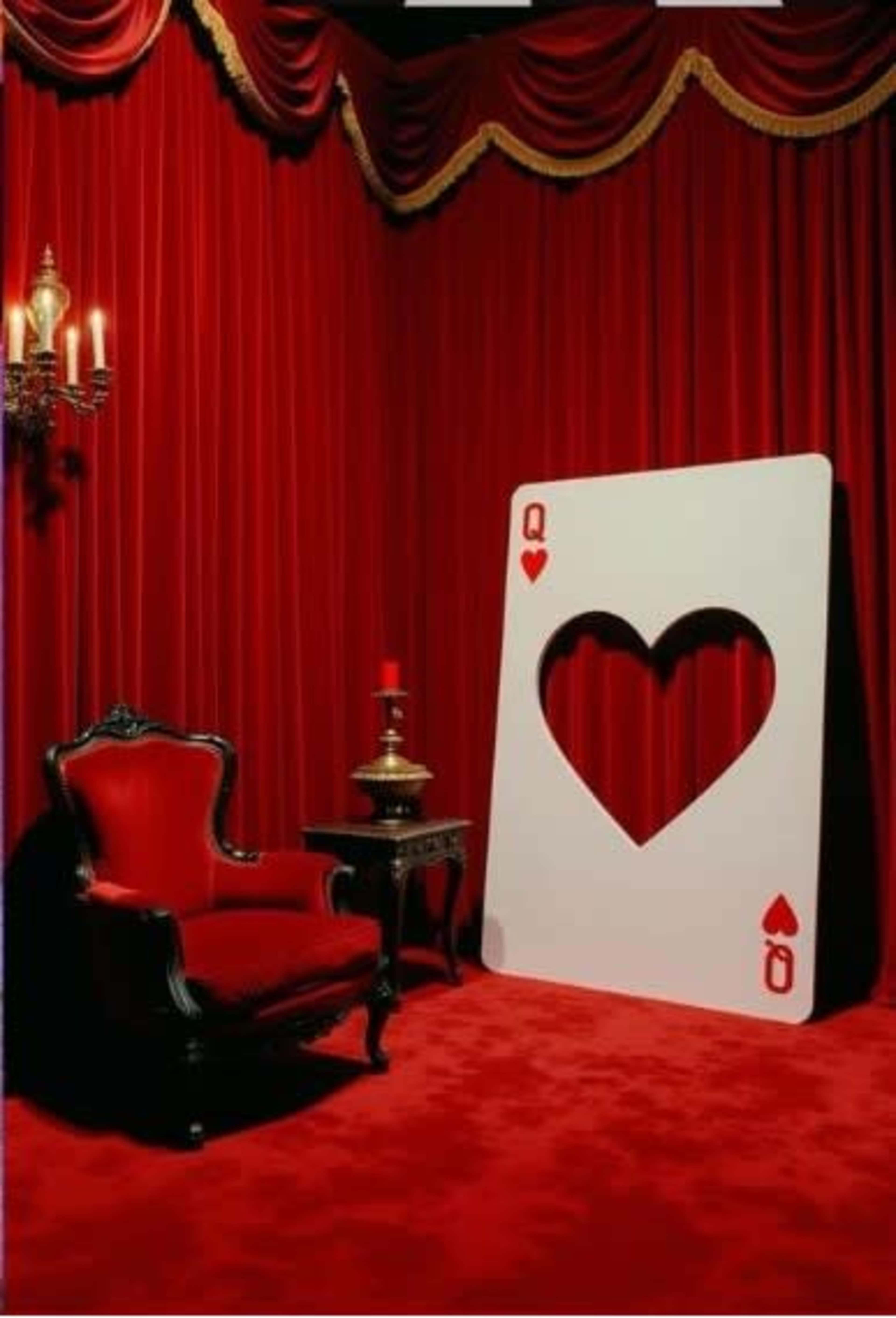 The scene features a large playing card with a heart cutout leaning against a red velvet wall, accompanied by an ornate black chair and a candle holder on a small side table.