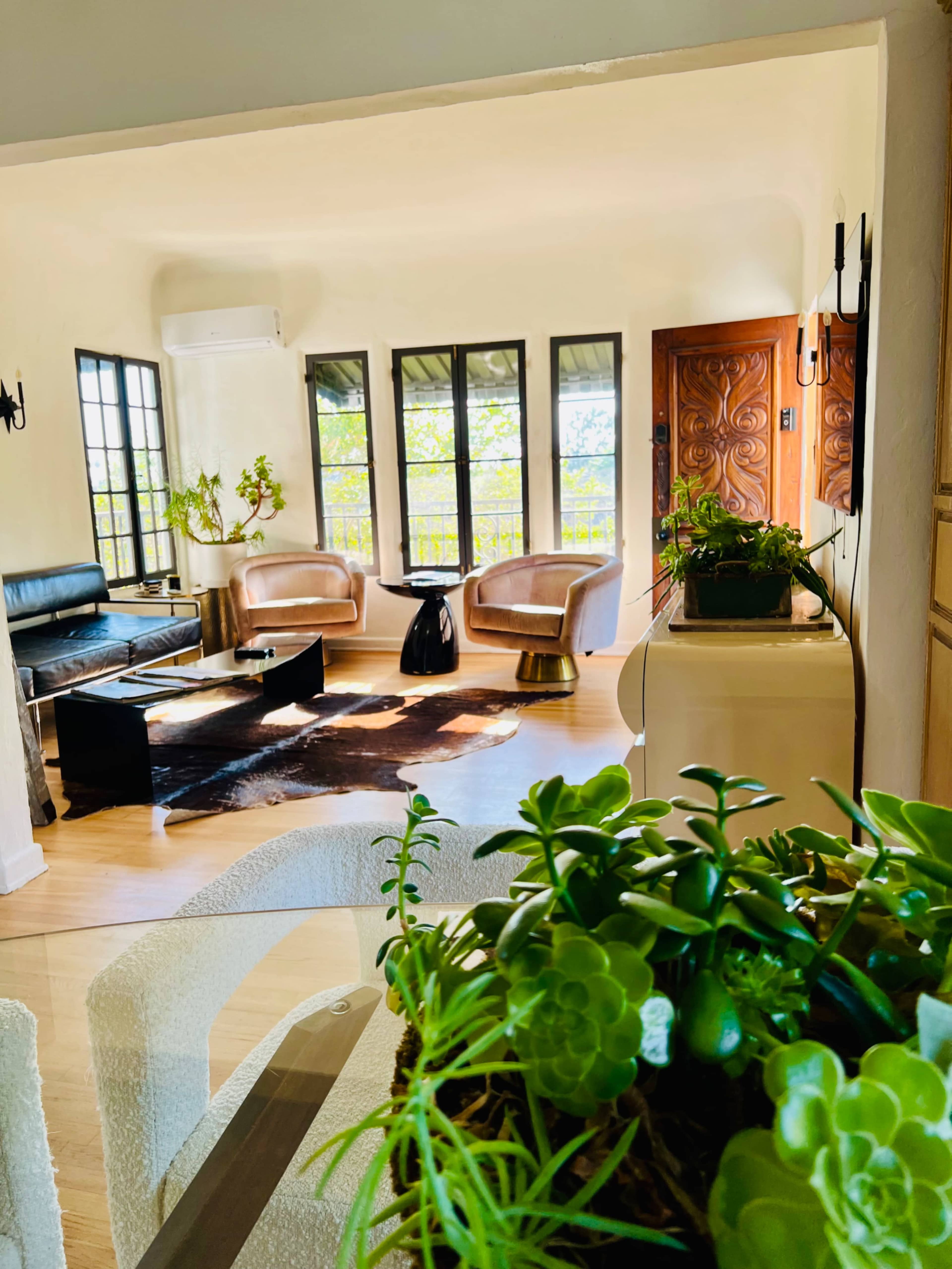The image shows a bright living room featuring two brown armchairs, a black coffee table, a black sofa, and several plants near the window.