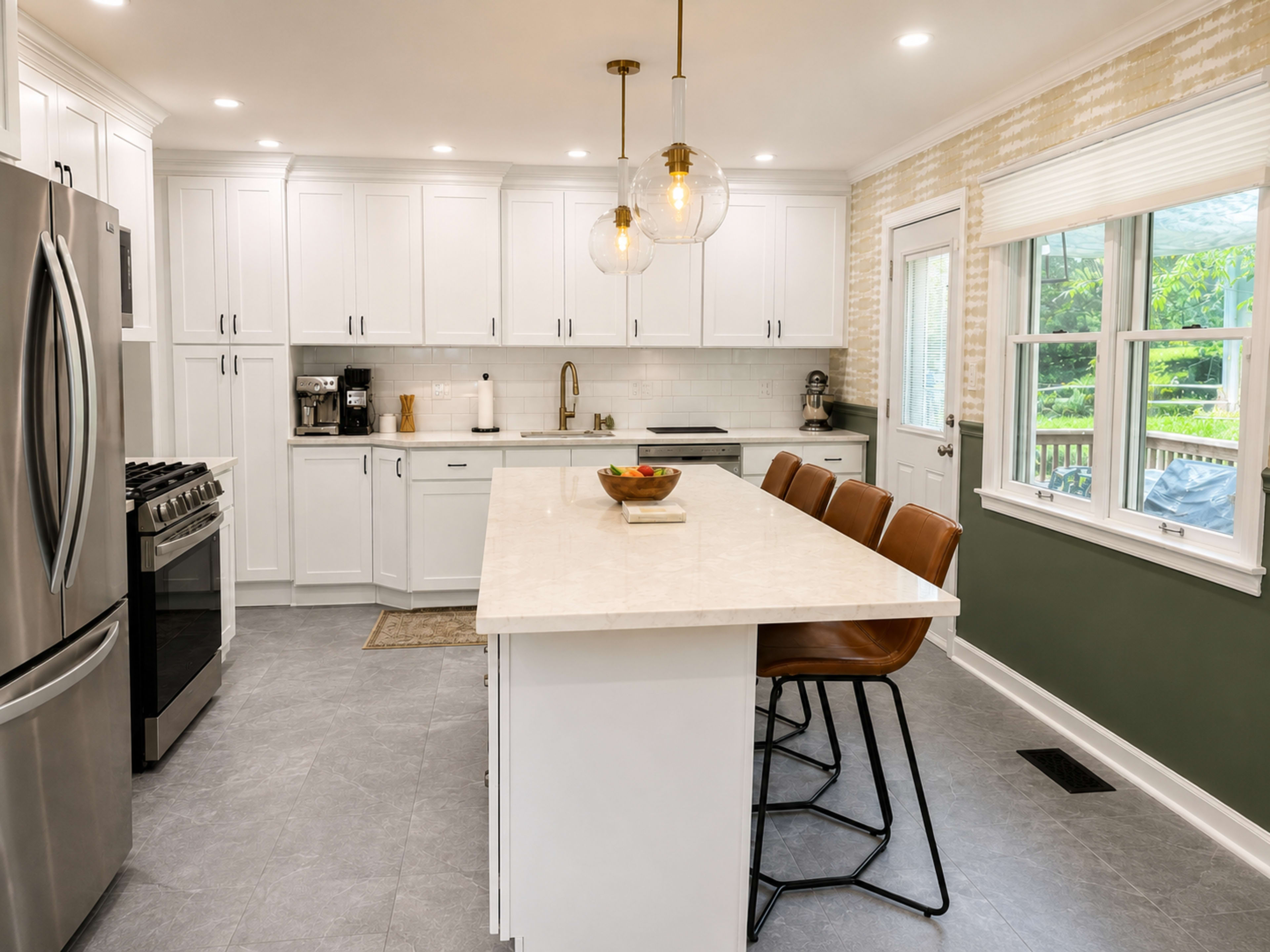 The kitchen features white cabinetry, stainless steel appliances, and a central island with three bar stools.