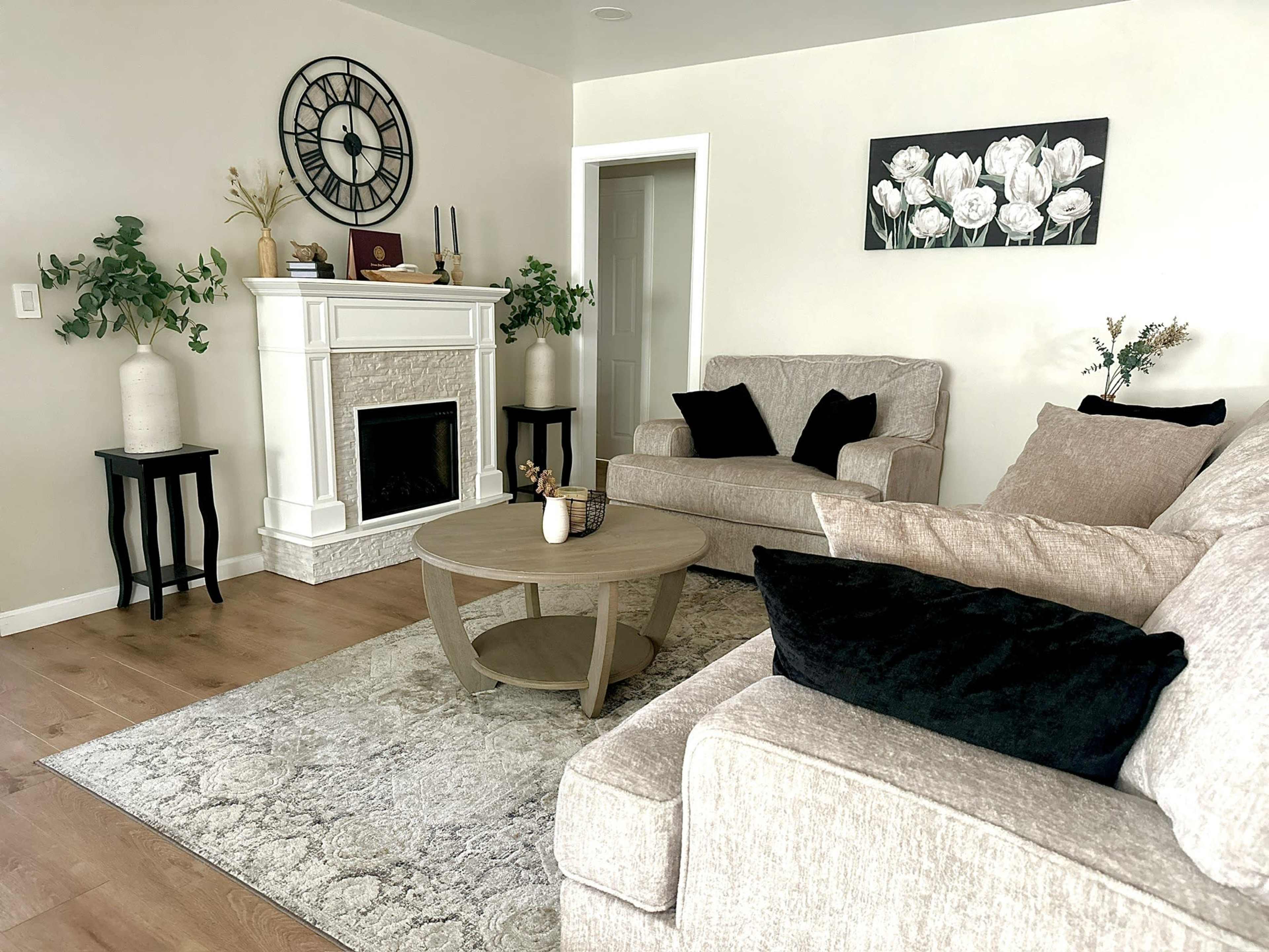 A living room features two couches, a circular coffee table, a fireplace, and decorative plants against a light-colored wall.