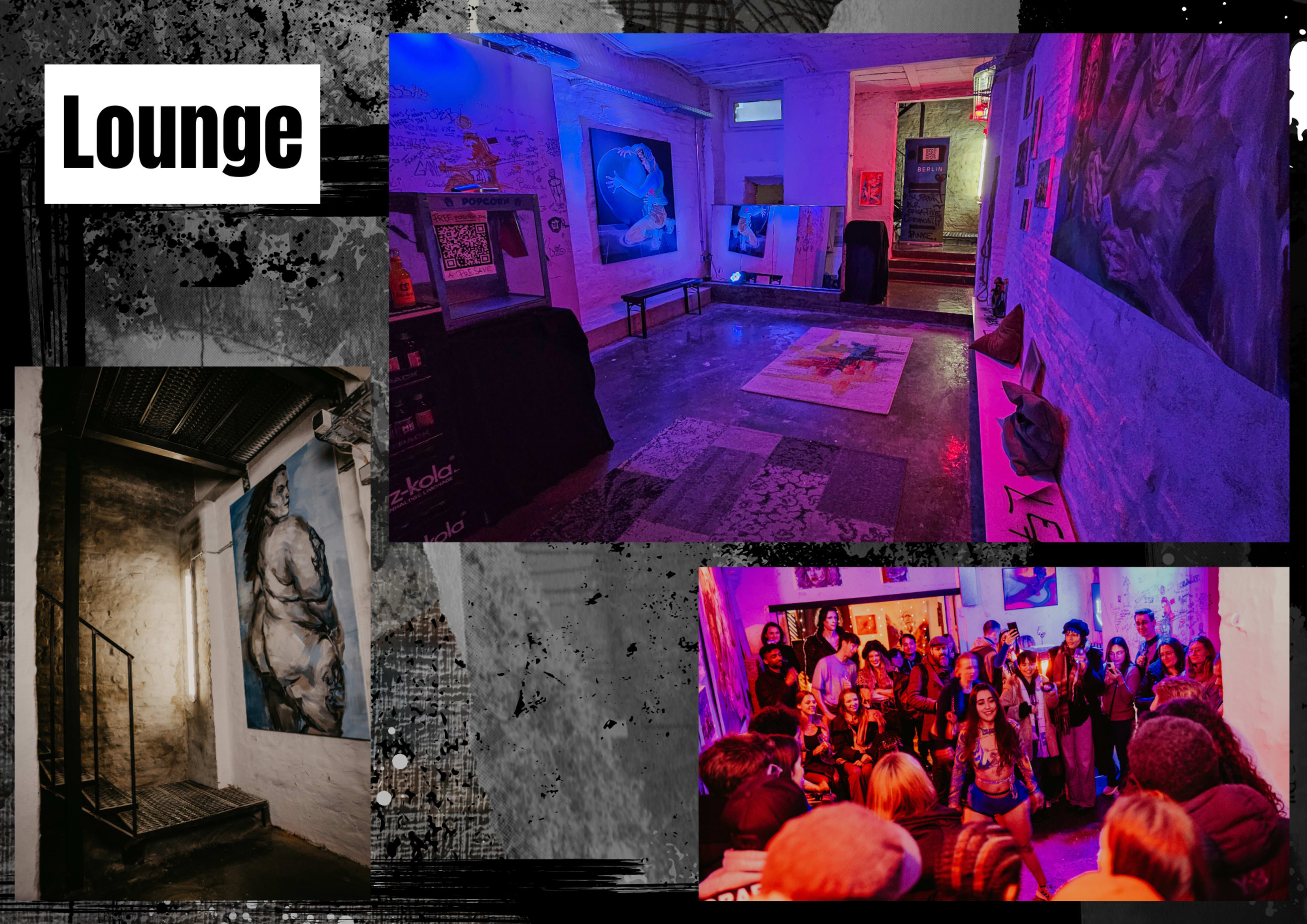 The image shows an art gallery lounge area featuring colorful lighting, various artworks on the walls, and a group of people gathered together.
