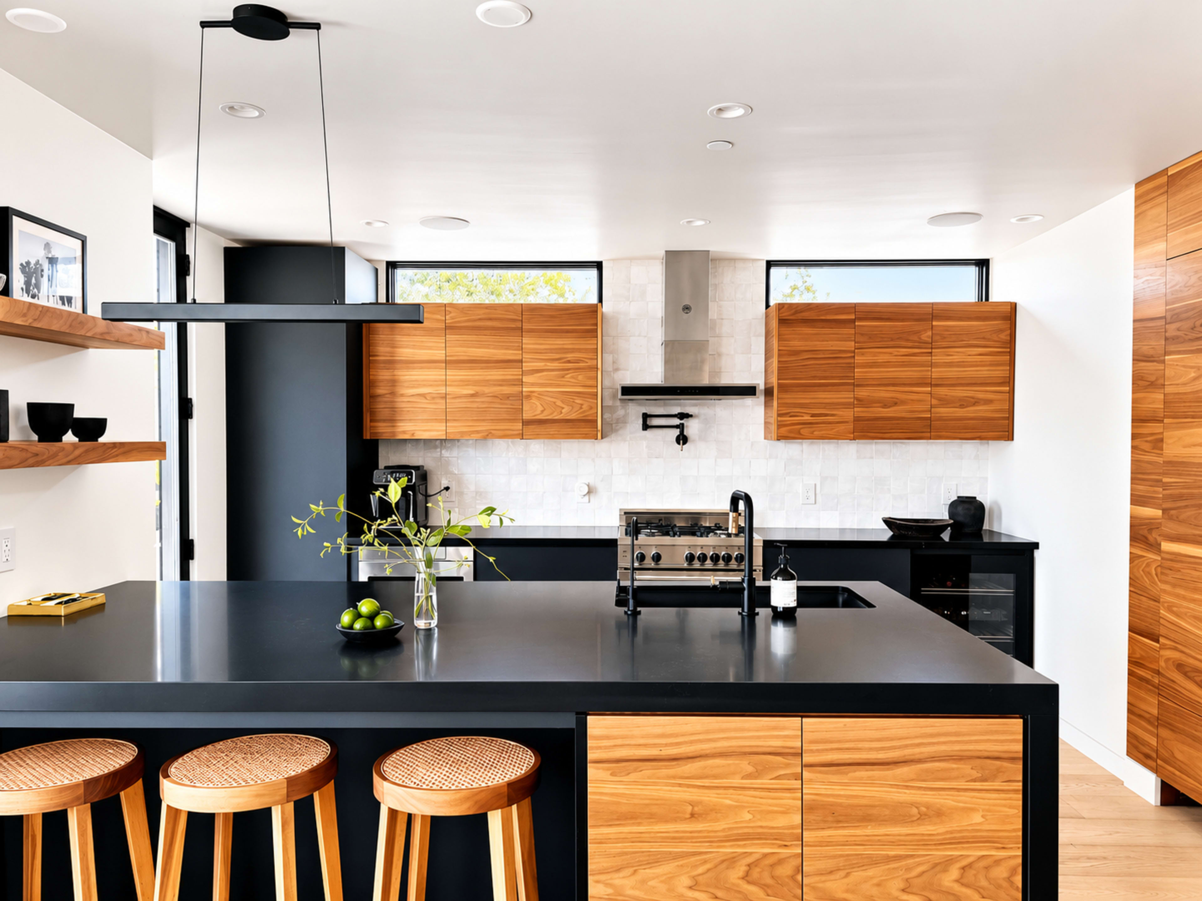 The image shows a modern kitchen with wooden cabinetry, a black countertop, and a minimalist design featuring a large island with bar stools.