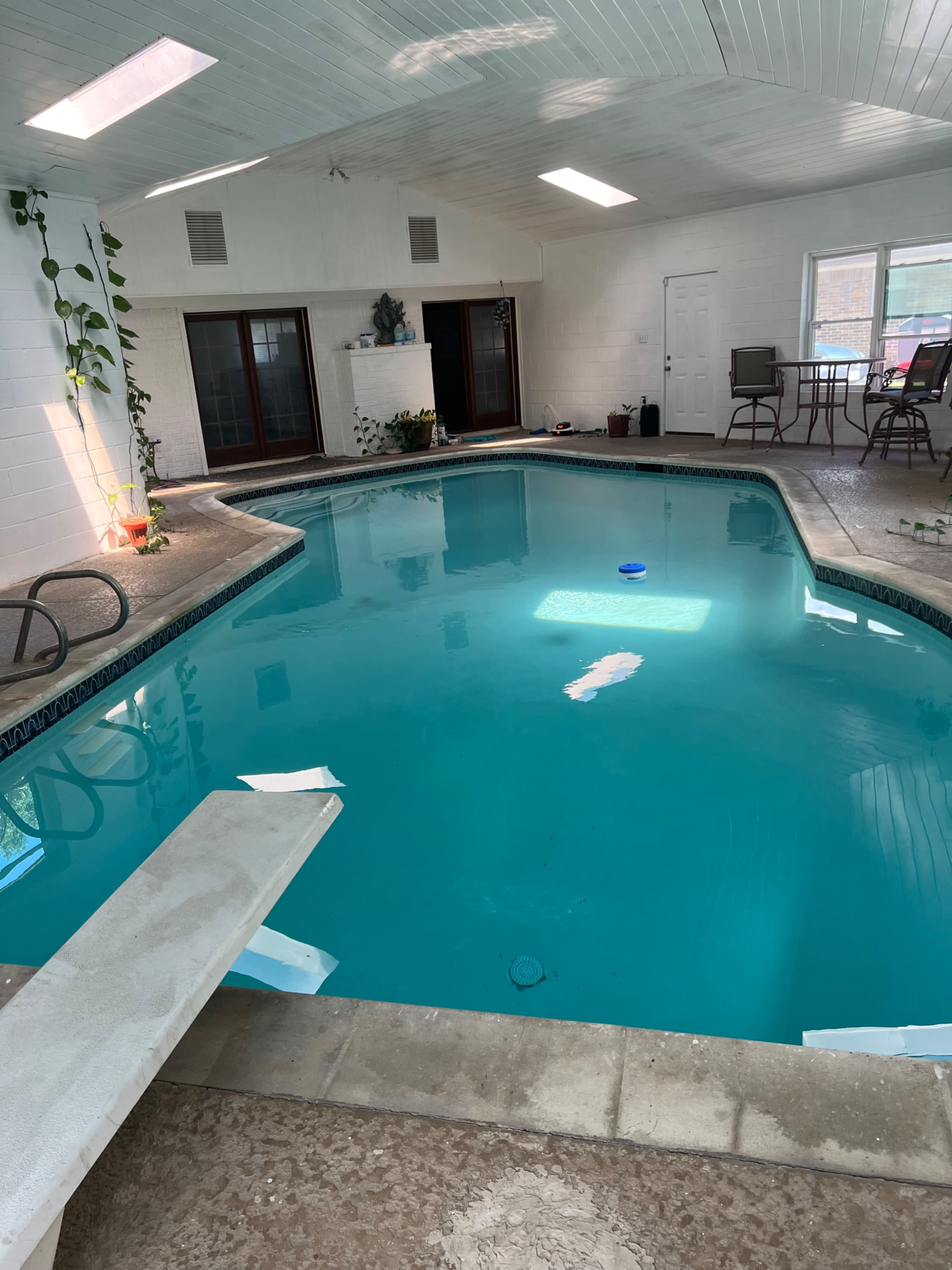 An indoor swimming pool surrounded by sliding glass doors, potted plants, and lounge furniture.