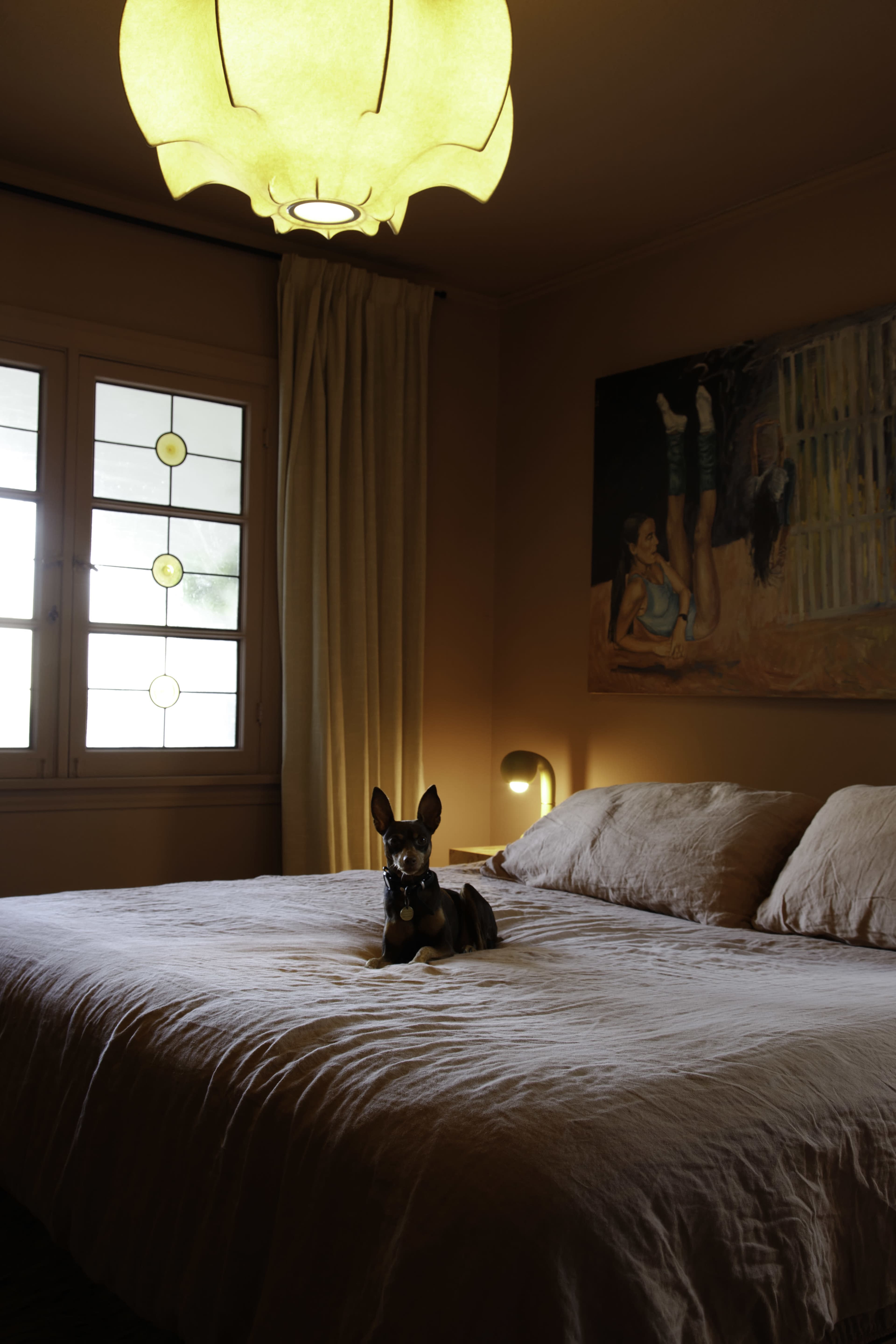 A small dog sits on a bed in a softly lit room with a large lamp and a painting on the wall.