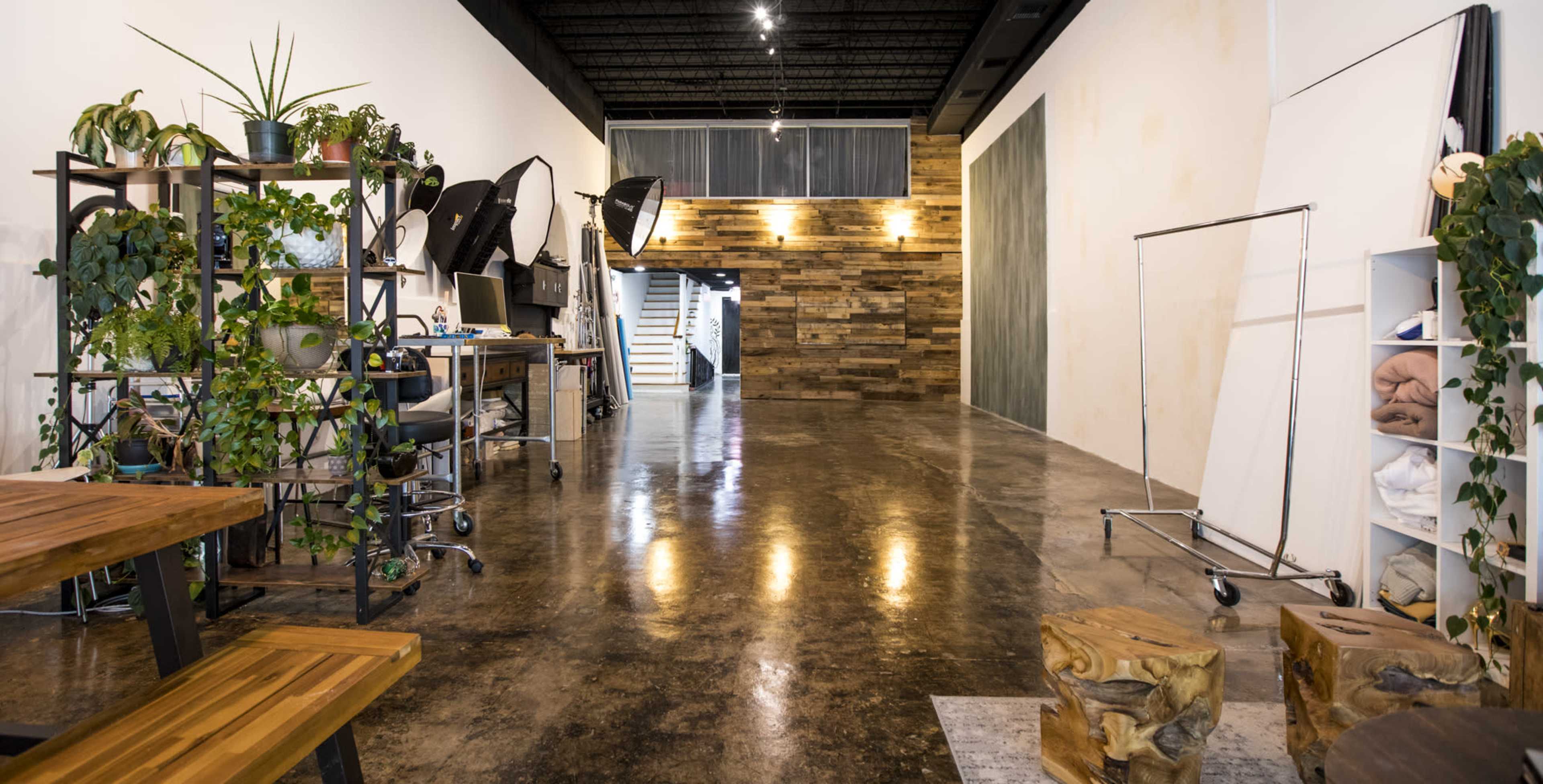 A spacious interior with polished concrete floors, wooden accents on the wall, and various green plants arranged around a workspace with photography equipment.