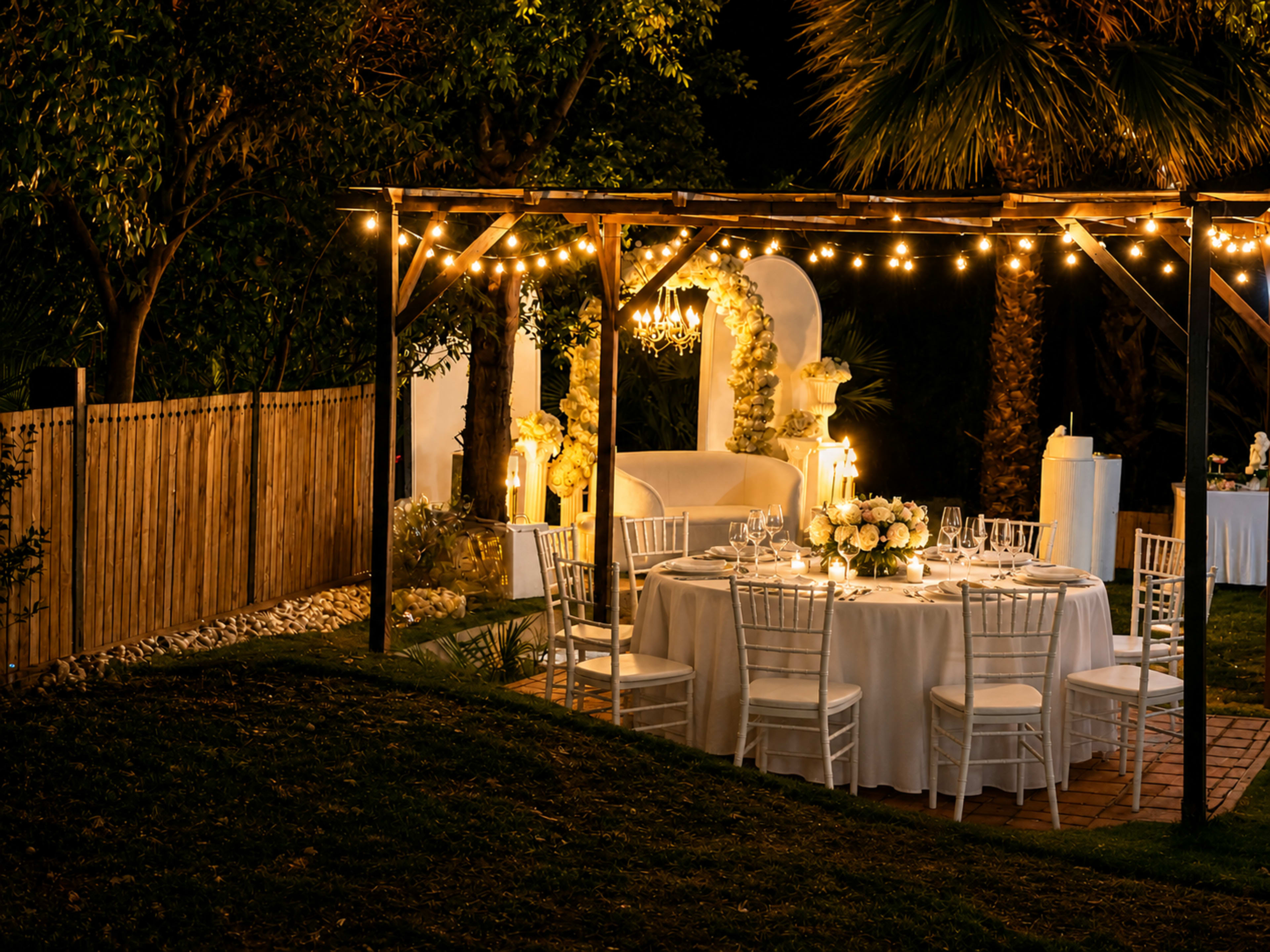 A beautifully set outdoor dining area features a round table with white linens and elegant chairs, adorned with flowers and illuminated by string lights and lanterns at night.