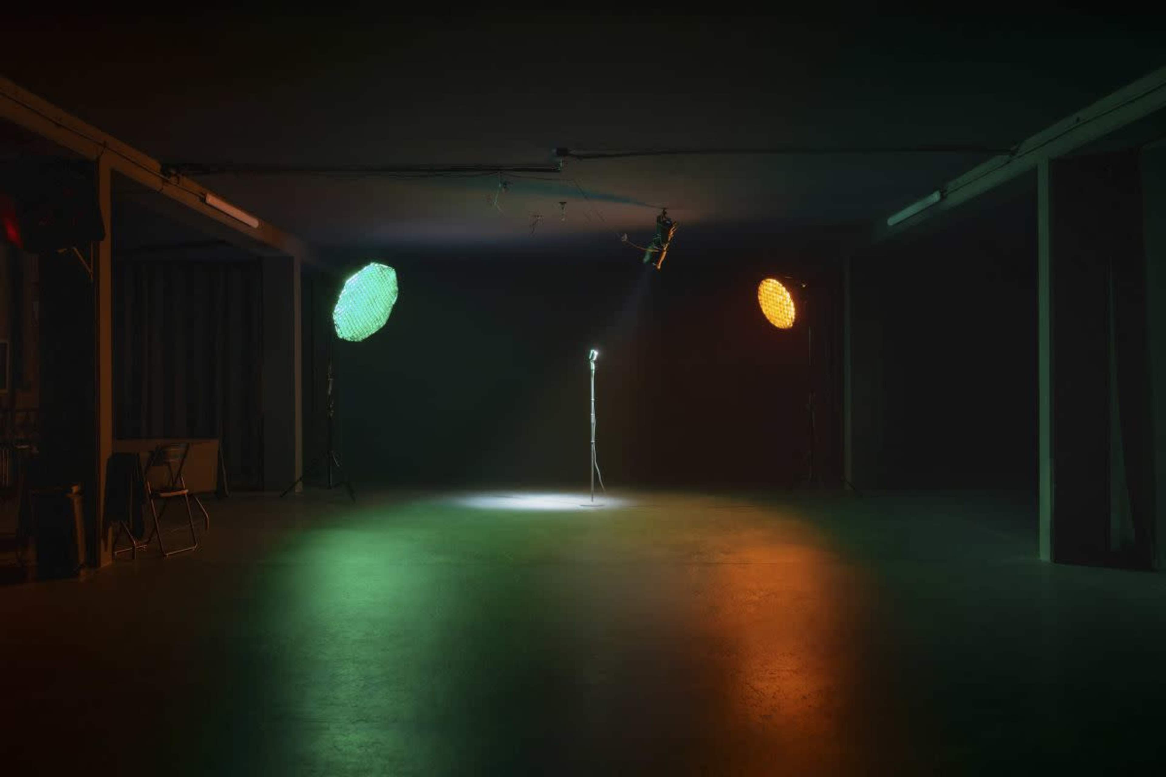 The image shows a dimly lit studio space with a spotlight on a microphone stand, flanked by green and orange stage lights.