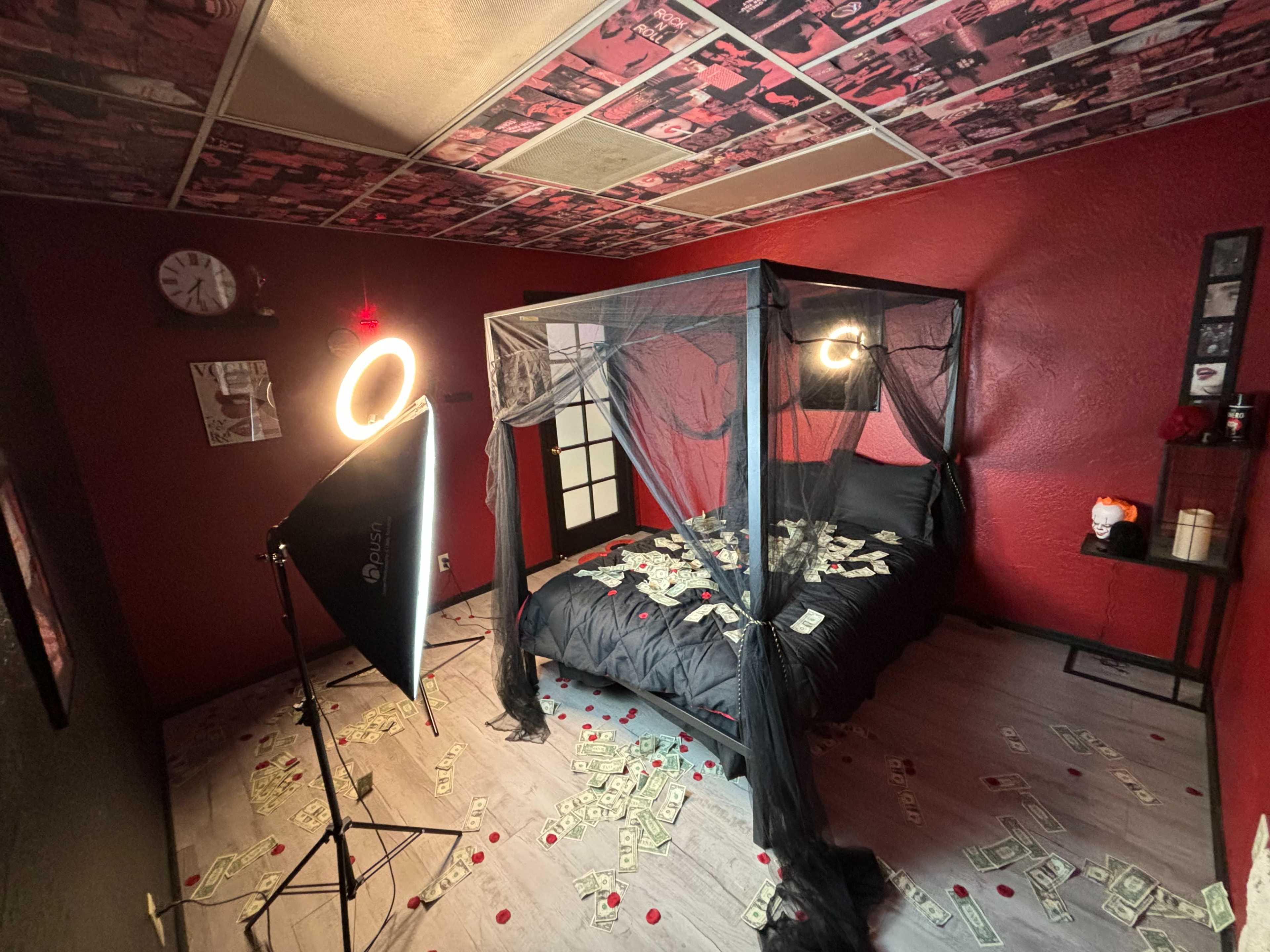 A bedroom with a canopy bed surrounded by scattered dollar bills and red rose petals, featuring a ring light and dark decor.