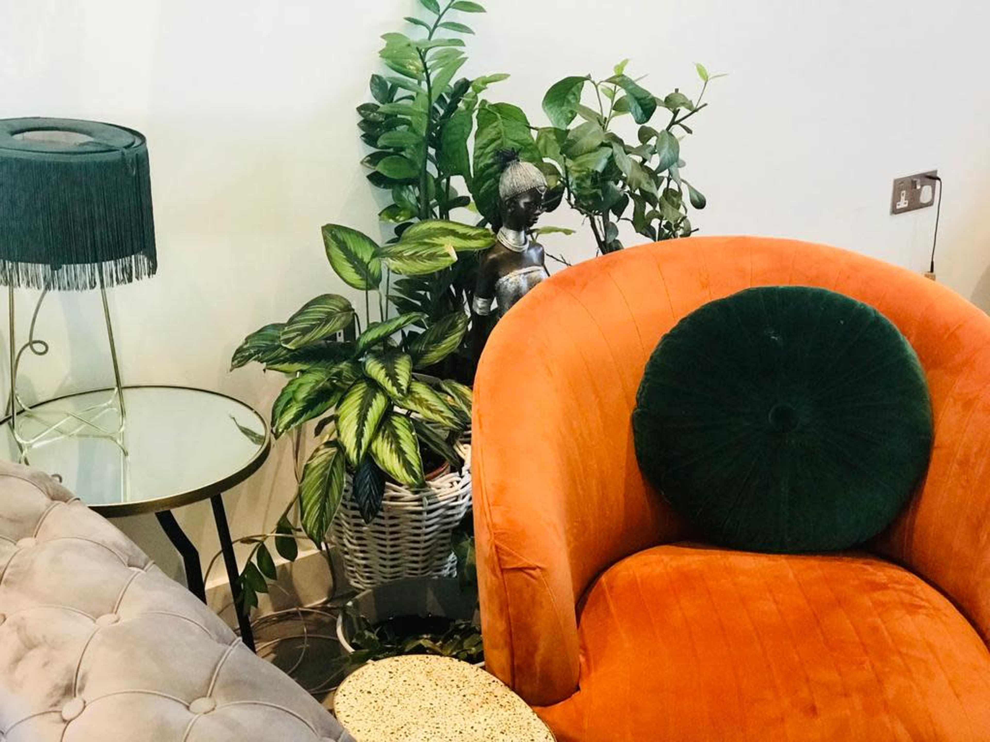 A cozy seating area features an orange armchair, a green cushion, a glass side table, and various indoor plants, including a small statue.