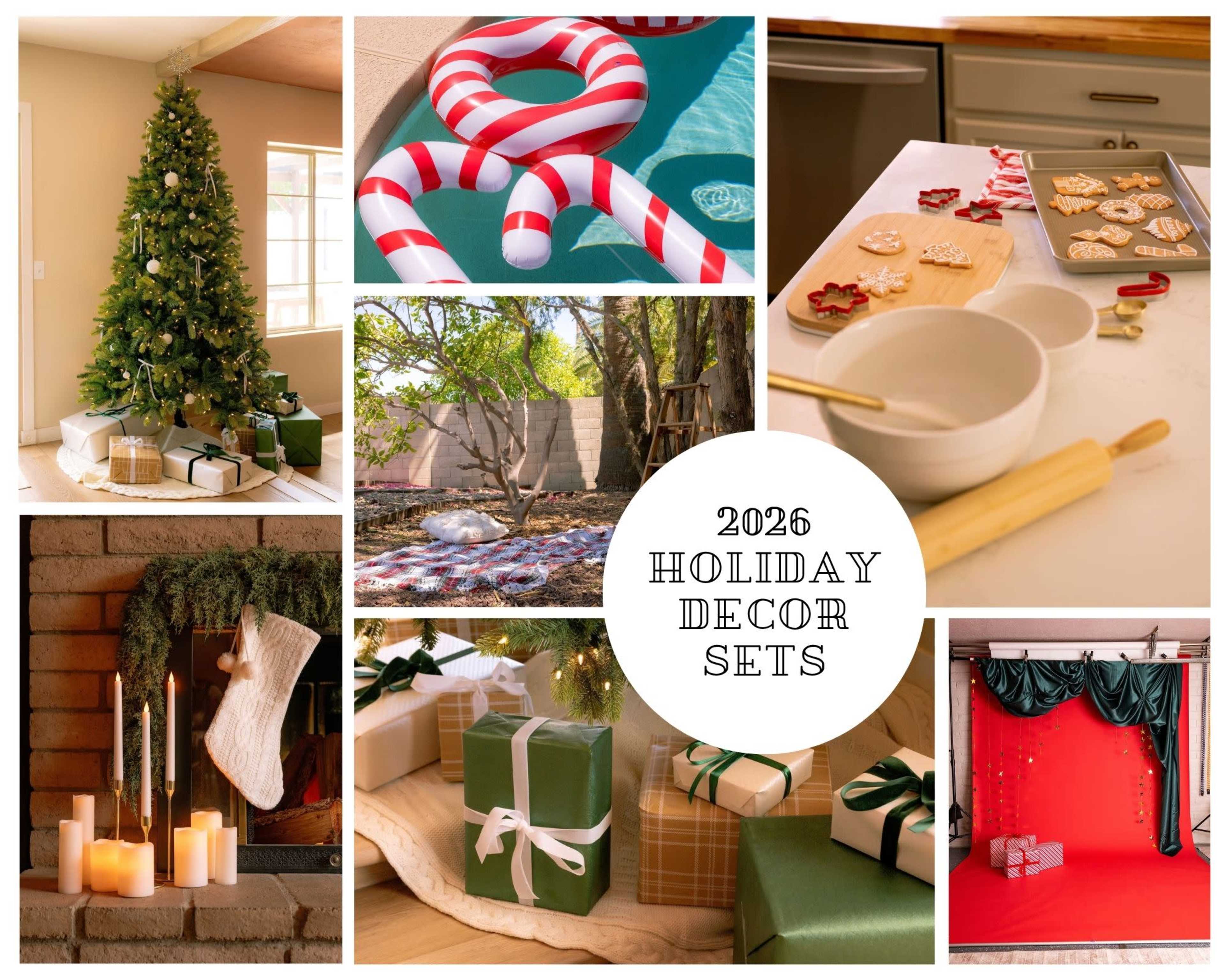 The image features a collage of various holiday decor settings, including a decorated Christmas tree with gifts, a pool scene with striped pool floats, a cookie decorating setup, candles arranged by a fireplace, and festive backgrounds with traditional holiday elements.