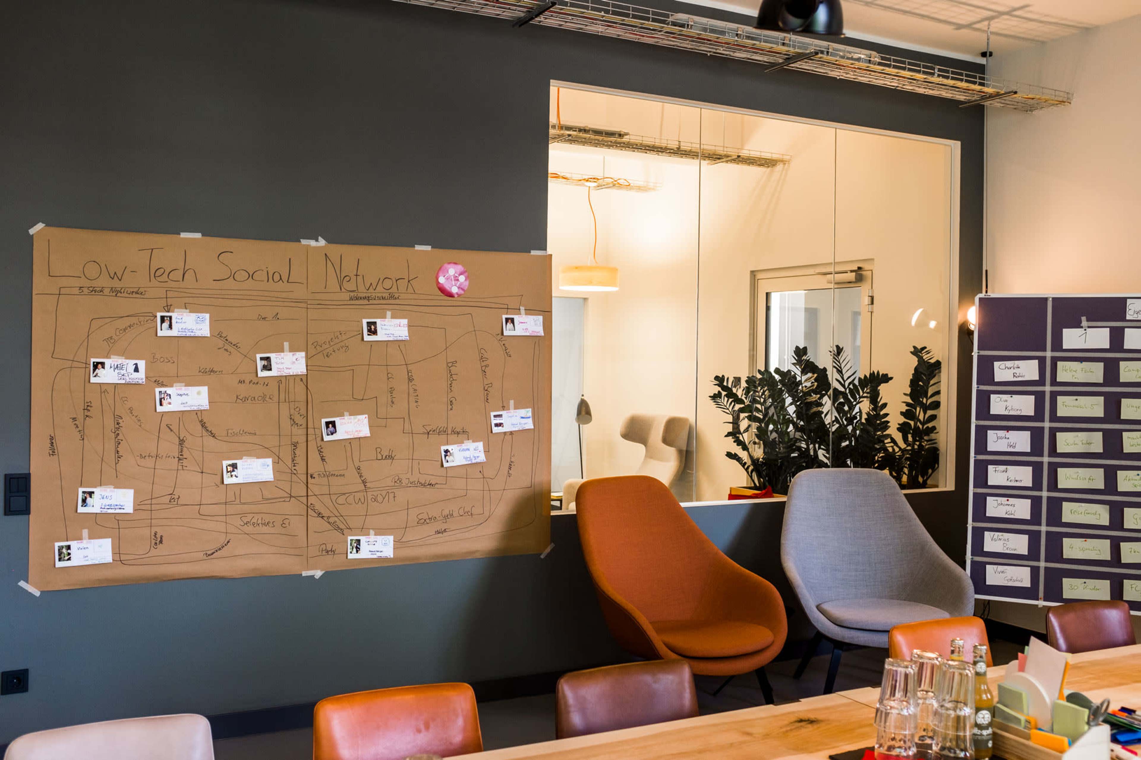 A large paper with a diagram titled "Low-Tech Social Network" is mounted on a wall in a modern office space featuring two chairs and a plant.