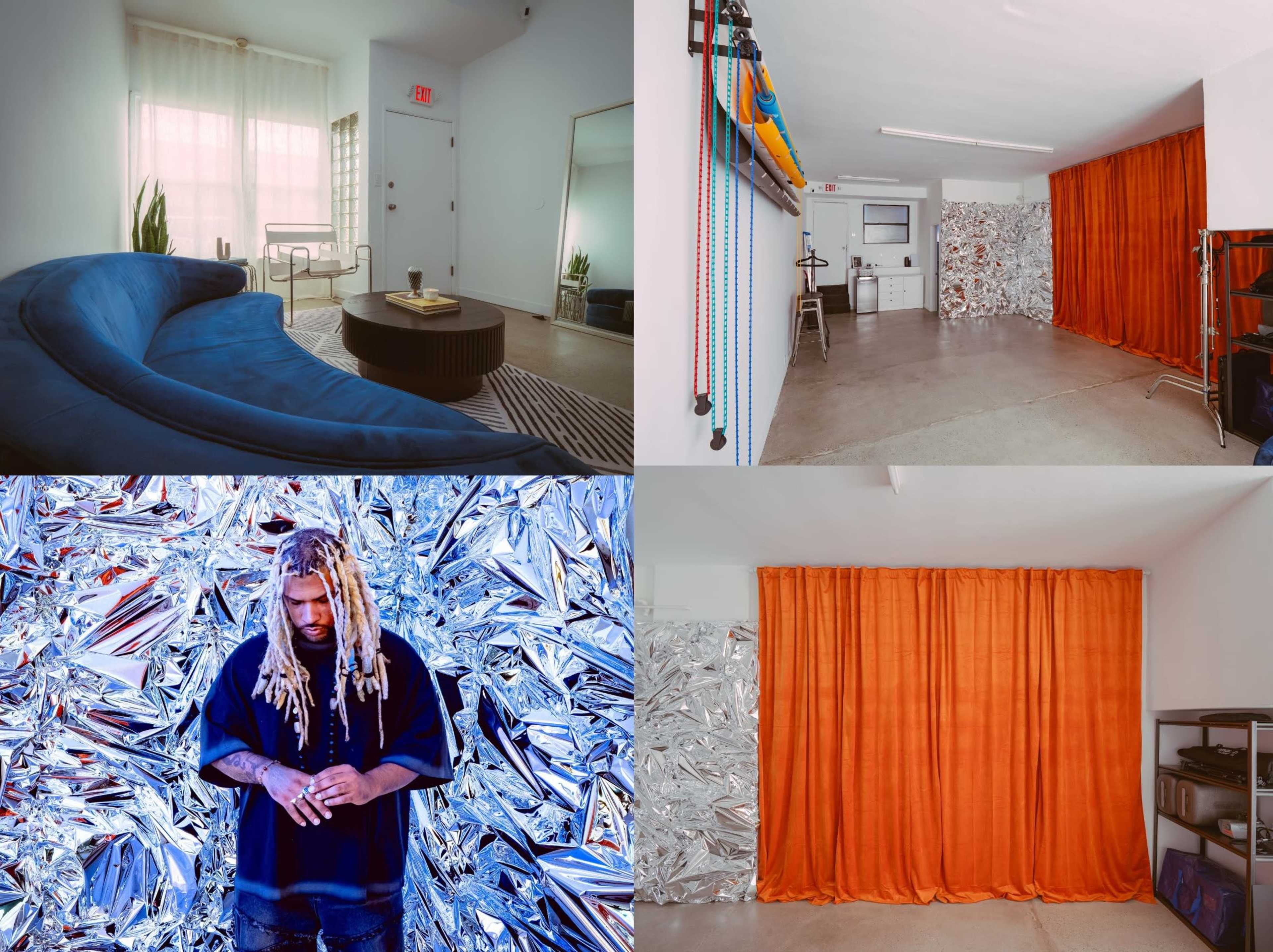 The image showcases a split scene featuring a modern living room with a blue couch, a storage space with colorful hanging straps, a room with an orange curtain and metallic backdrop, and a man with long hair posing in front of a shiny silver wall.