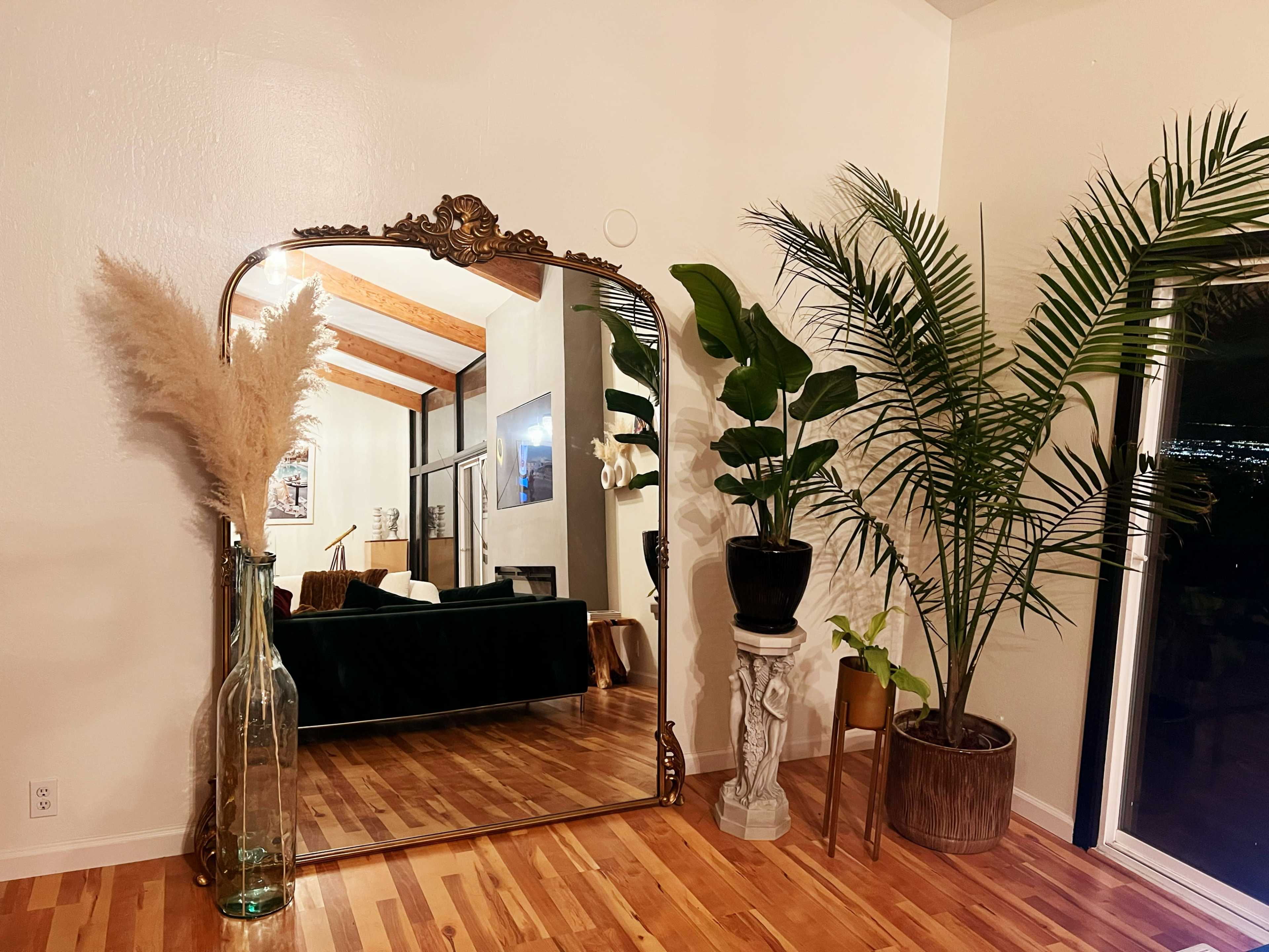 A large ornate mirror next to tall indoor plants and a decorative vase, with a wooden floor and a view of a living space in the background.