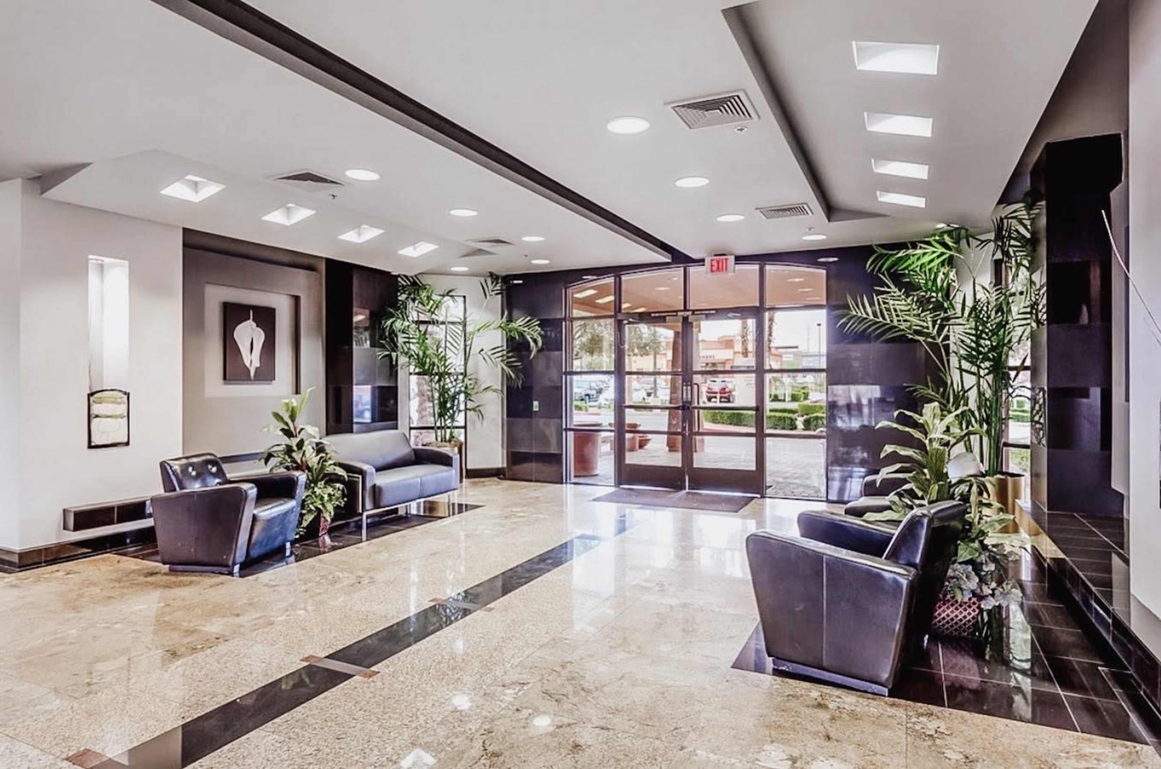A modern lobby with two black seating areas, potted plants, and large windows allowing natural light.