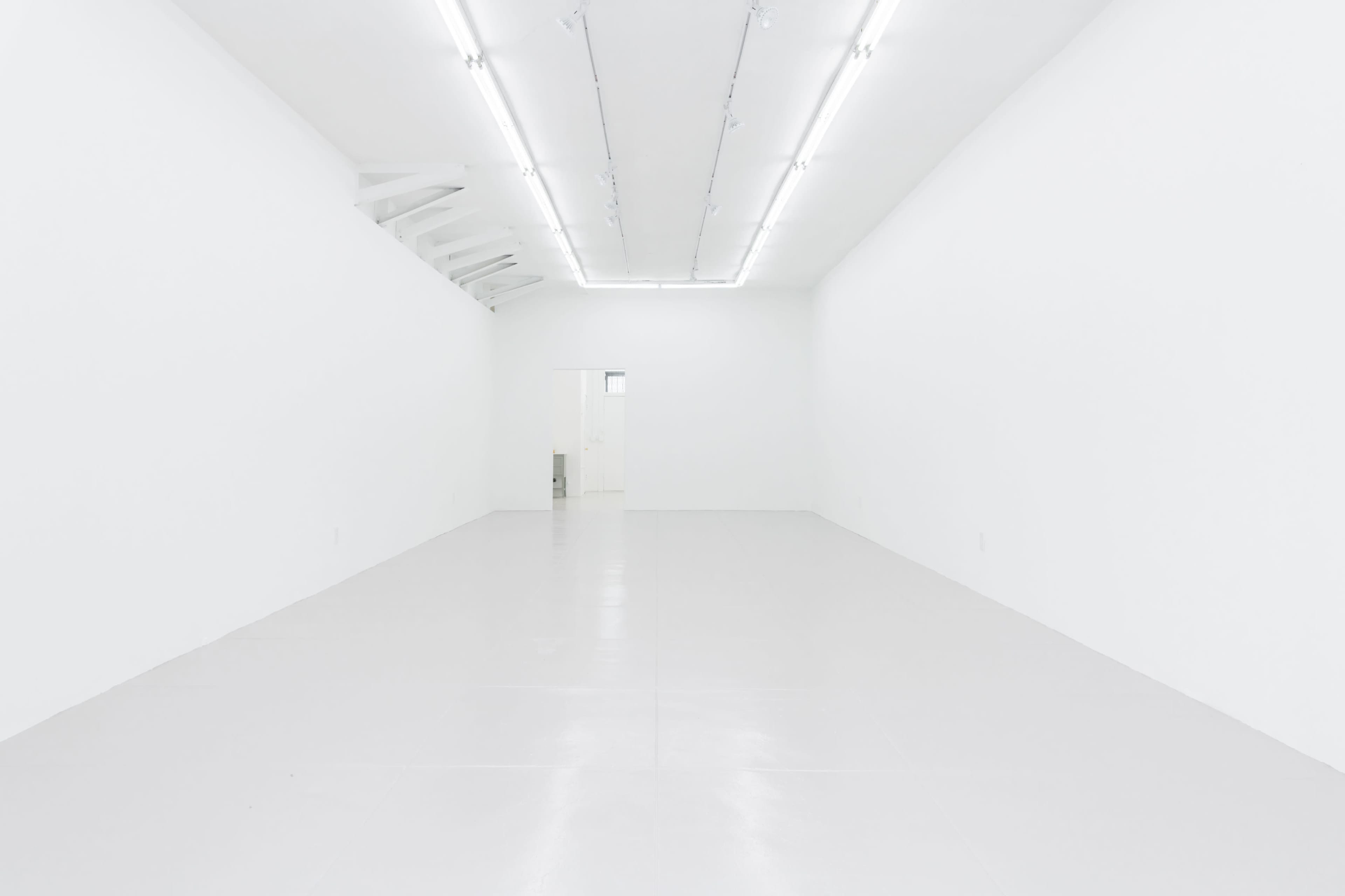 The image shows a large, empty white gallery space with bright overhead lighting and a single door on the far wall.